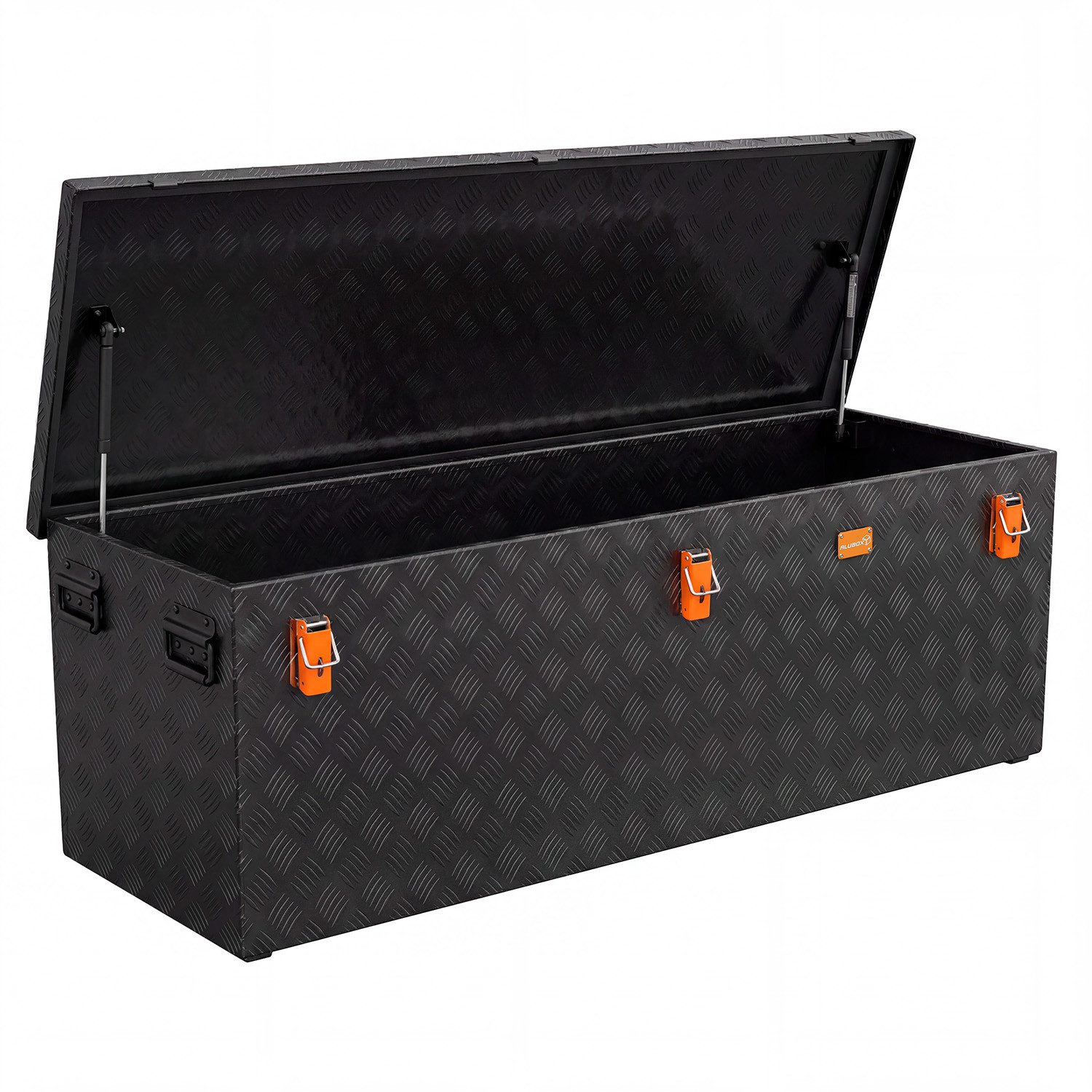 ALUBOX Aufbewahrungsbox Riffelblech Gartenbox outdoor Alukiste schwarz (375 Liter), Fangbänder im Deckel - 4 Standfüße mit M10 Innenwinde - abschließbar