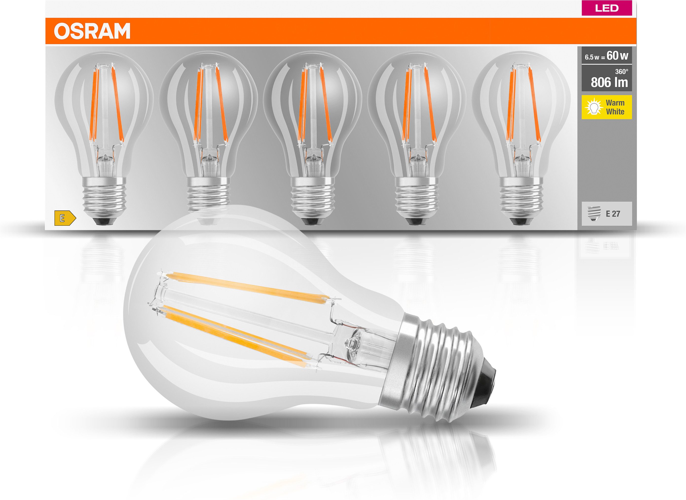 Osram LED-Leuchtmittel LED-Lampe Classic, E27, 5 St., Warmweiß