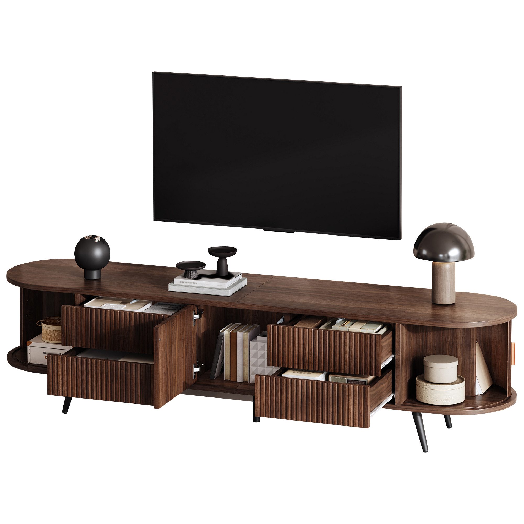 STILVORA Lowboard TV-Schrank mit 4 Schubladen Ovaler TV-Ständer für bis zu 80 Zoll (Wohnzimmerschrank mit Vertikalen Streifen Design, Rollladentürdesign, für bis zu 80 Zoll), Nussbaum dunkel