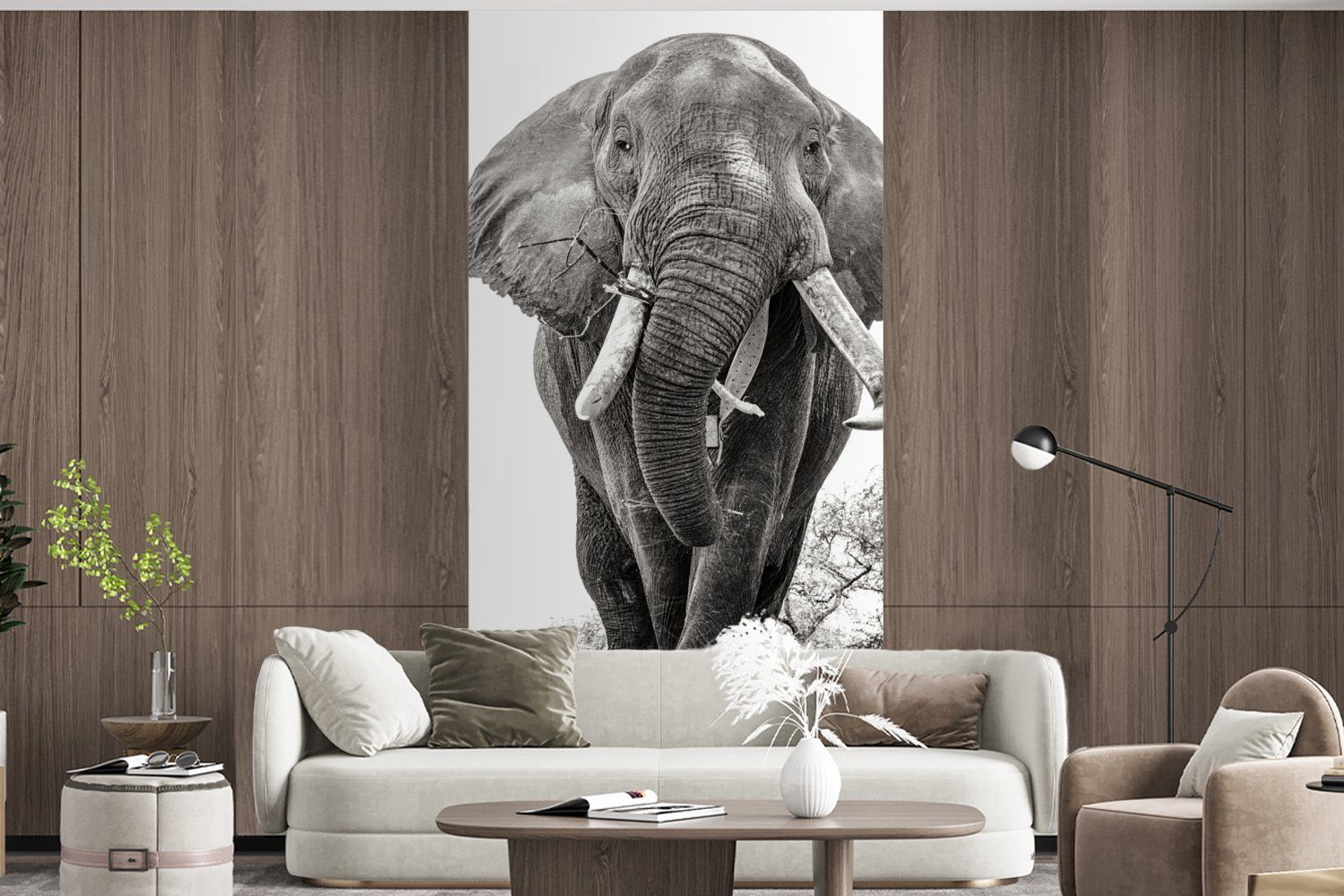 MuchoWow Fototapete Elefant - Wohnzimmer Fototapete Matt, (2 Porträt Vliestapete - Schlafzimmer und St), Küche, Schwarz weiß, - für bedruckt, Tiere