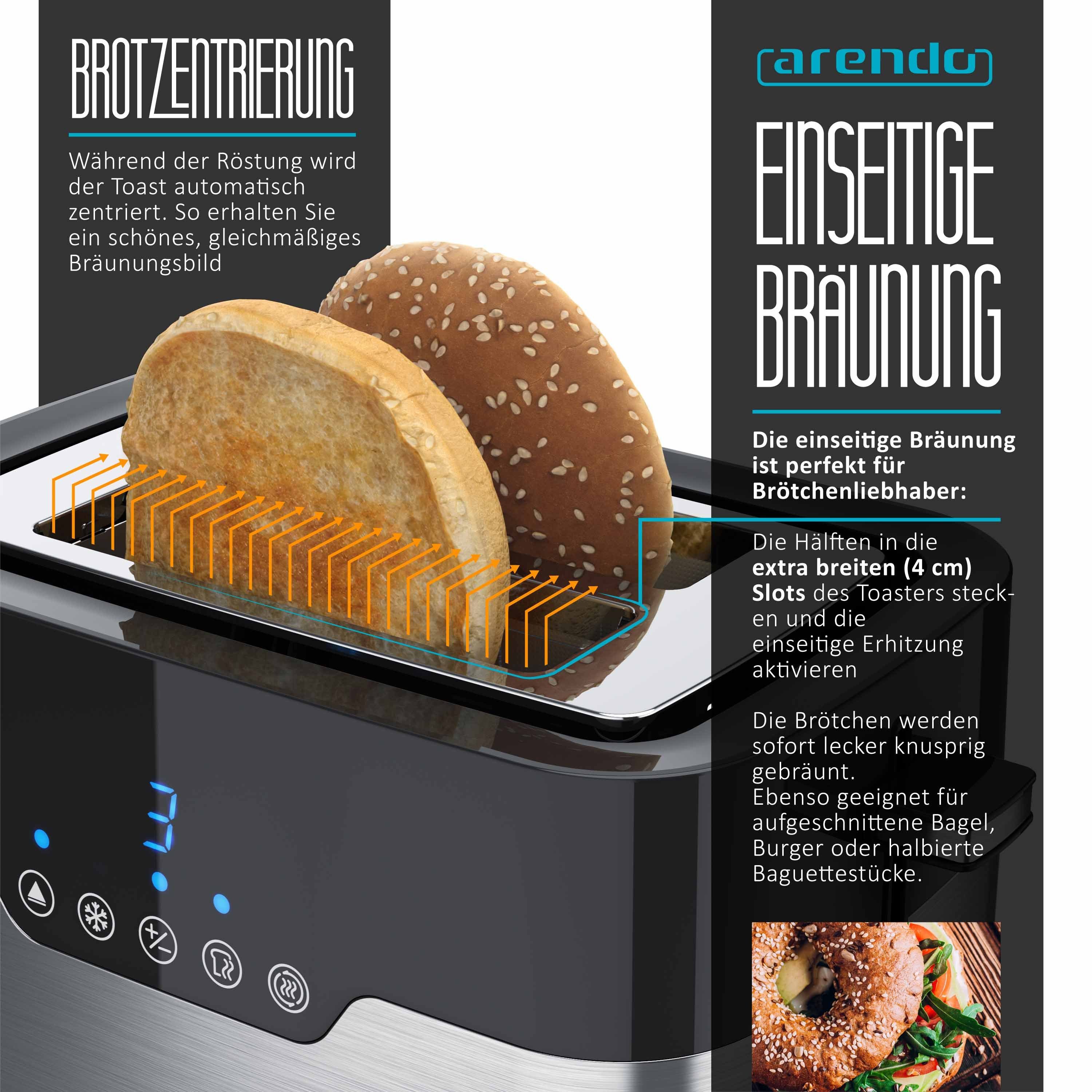 Arendo Toaster Edelstahl, mit LED Anzeige, Brötchenaufsatz, extra breite Schlitze, 2 Schlitze, für 2 Scheiben, 920 W, Doppelwand, Krümelschublade, einseitige Bräunungsfunktion für Brötchen