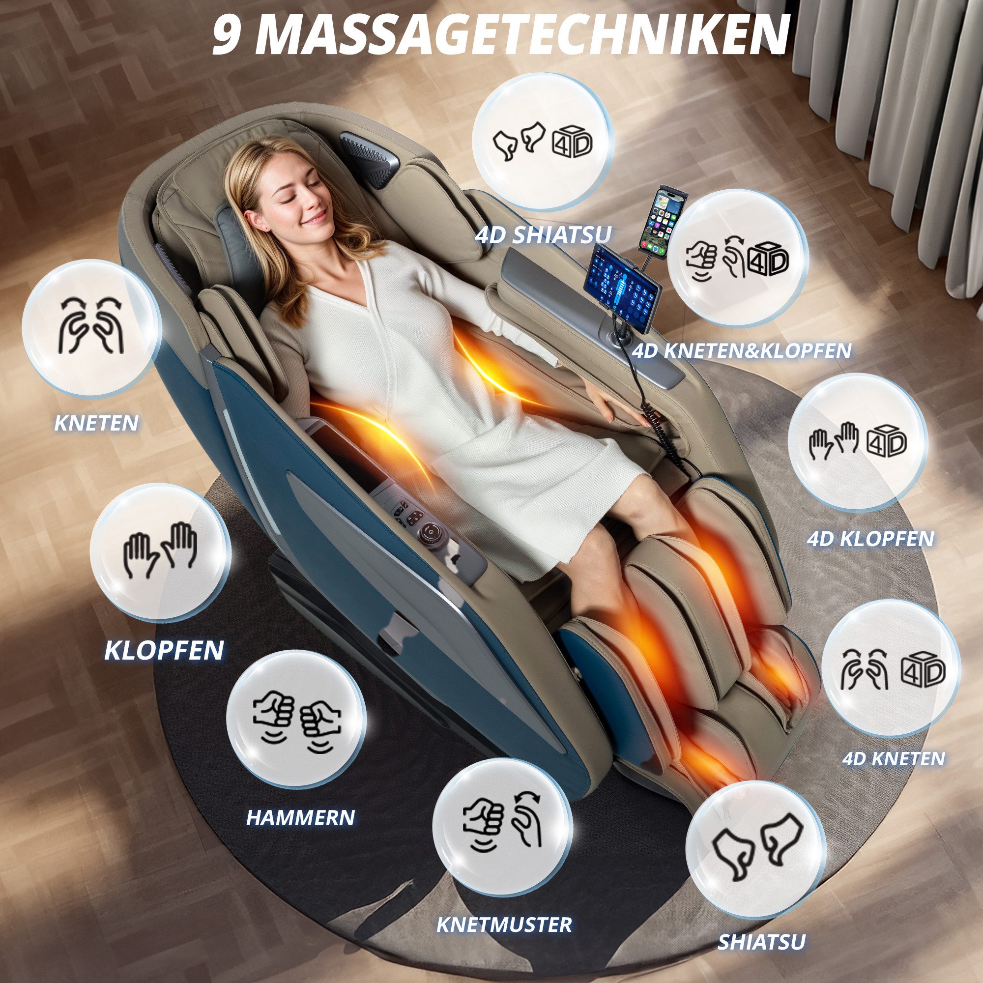HealthRelife Massagesessel Luxuriöser Entspannungsstuhl, 15 Massage-Modi, Yoga-Stretching (1-St), 55 Zoll SL-Track
