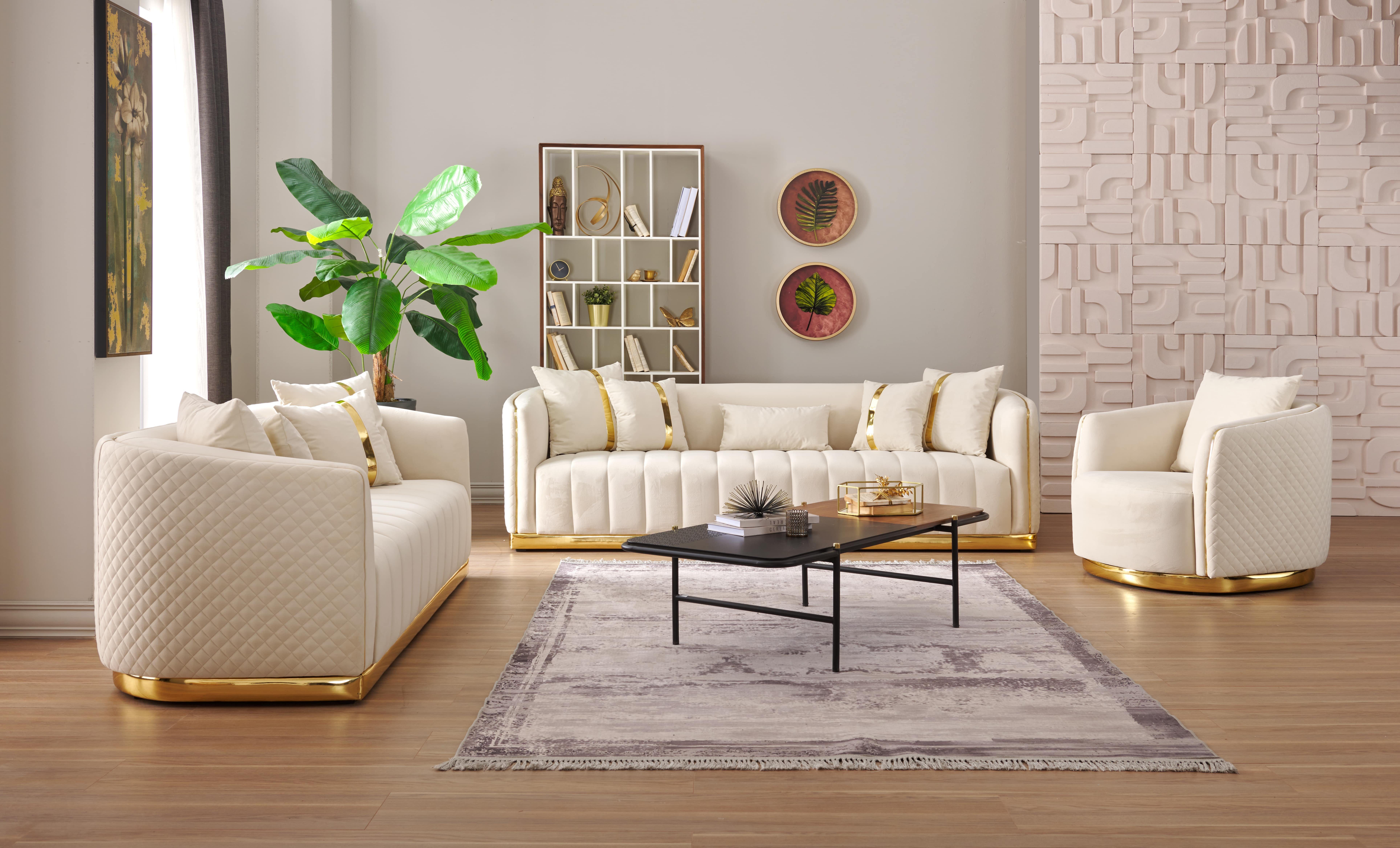 Universum Home & Living Sofa Tokyo 3+2+1 Sofaset, 3-Teilige Sofagarnitur m. Gold Akzente und Diamanten Naht Muster Beige