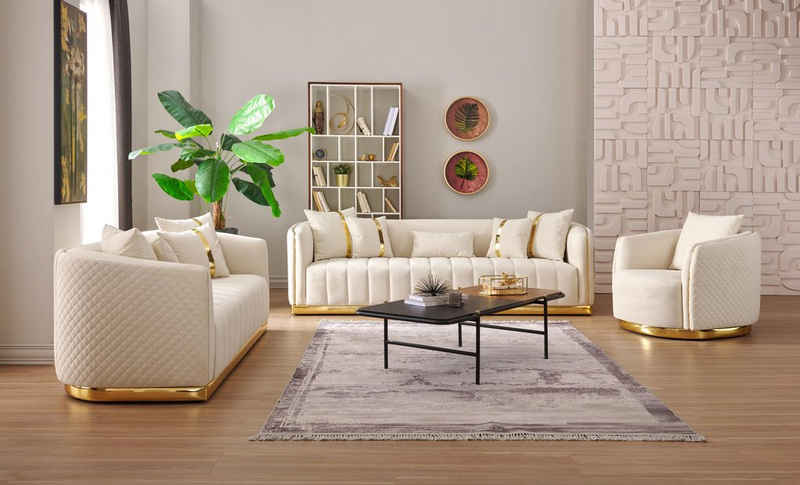Universum Home & Living Sofa Tokyo 3+2+1 Sofaset, 3-Teilige Sofagarnitur m. Gold Akzente und Diamanten Naht Muster