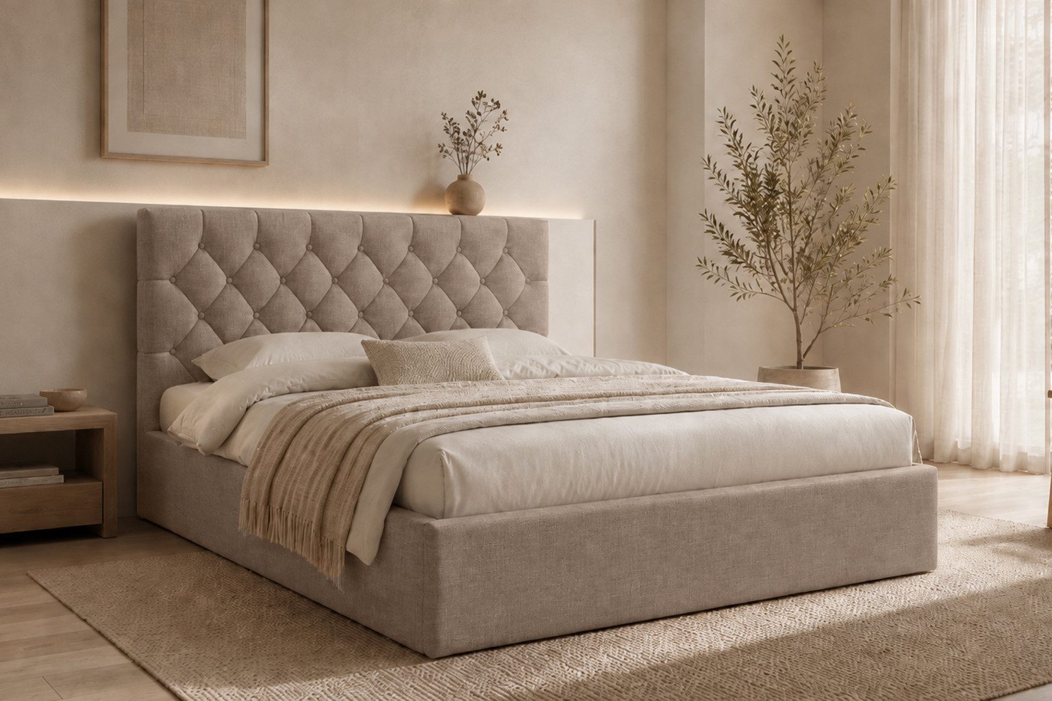 Kaiser Möbel Polsterbett mit Bettkasten, Stoff Rouge, BEST IV (Bett mit Bettkasten, Bettgestell inklusive Lattenrost, ohne Matratze), Gestepptes Kopfteil mit dekorativen Knöpfen,Elegantes Glamour-Design