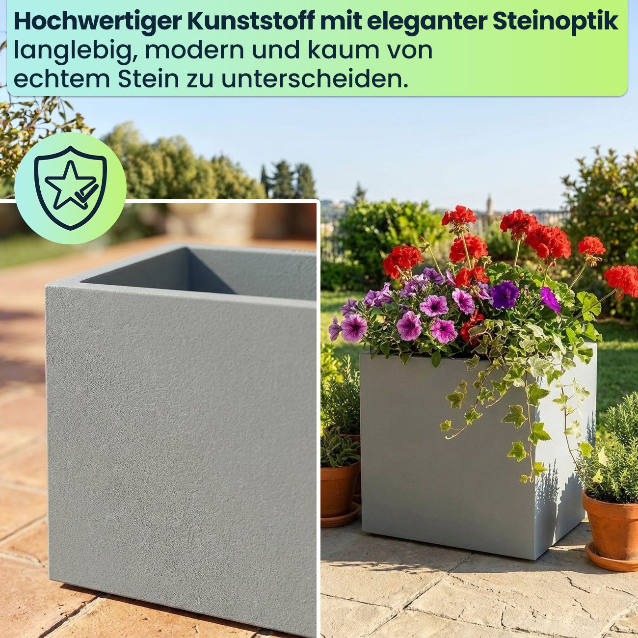 Prosperplast Blumentopf Pflanzkasten Quadratisch 47cm Beton-Grau 51L Kunststoff frostsicher (2 St), Moderner, quadratischer 51L Pflanzkübel – UV-beständig