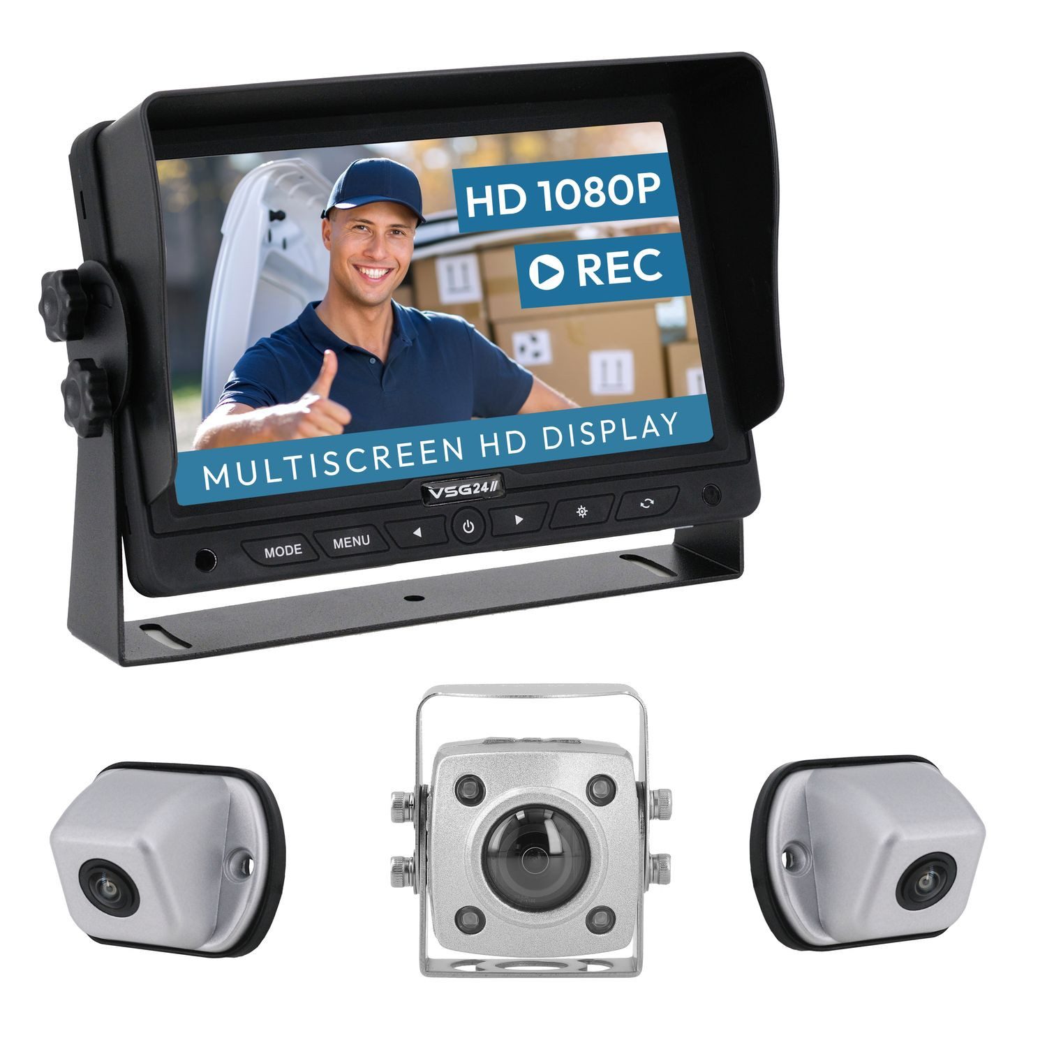 VSG24 7" Rückfahrsystem IP69K EXPERT 155° & 170° Blickwinkel, HD Monitor, 3x Rückfahrkamera (Robustes Schwerlast Set für Wohnmobile LKW Transporter Anhänger)