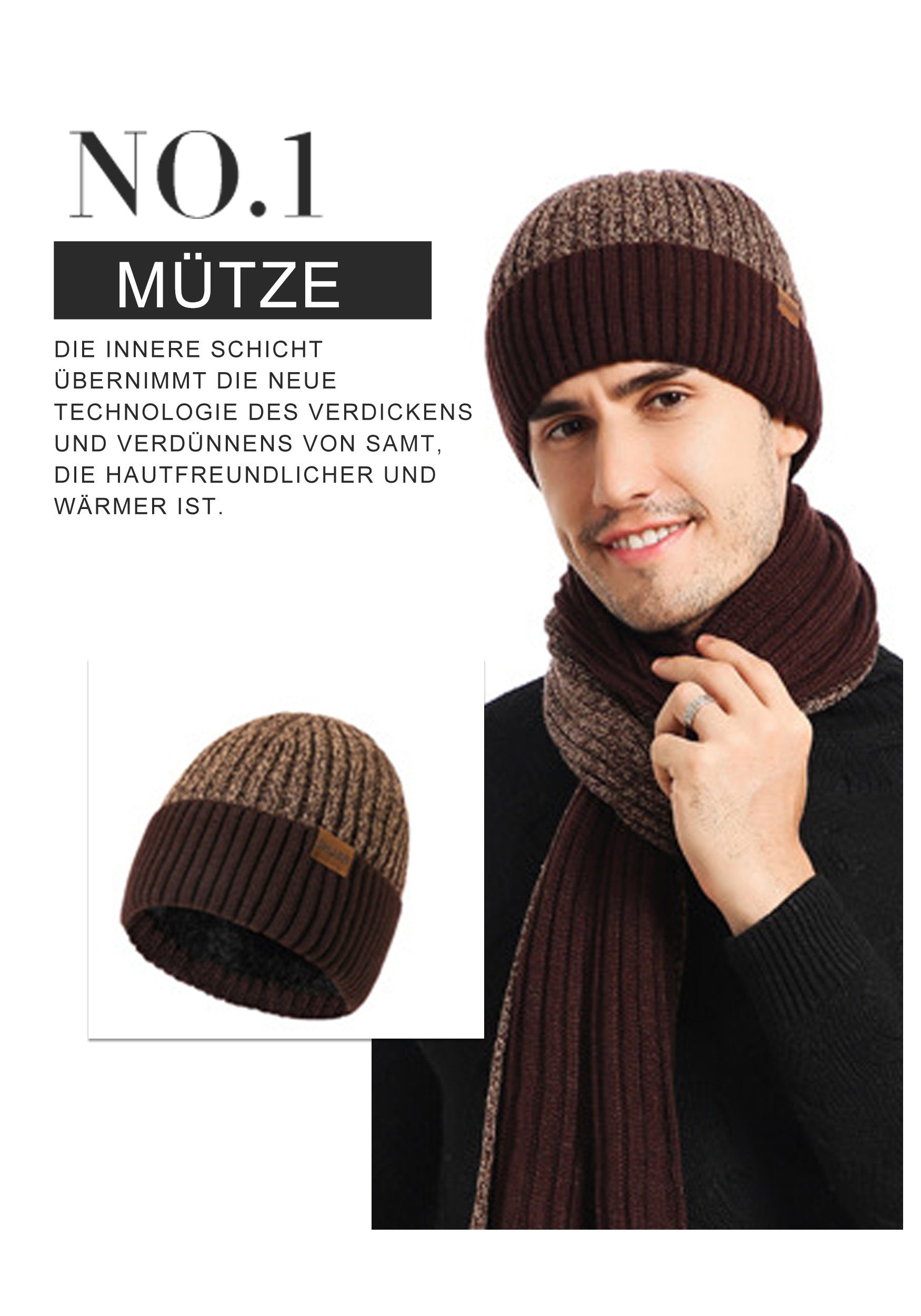 MAGICSHE Strickmütze Winter Hut verdickte drei Weich Kaffee Handschuhe Set warm Schal Stück