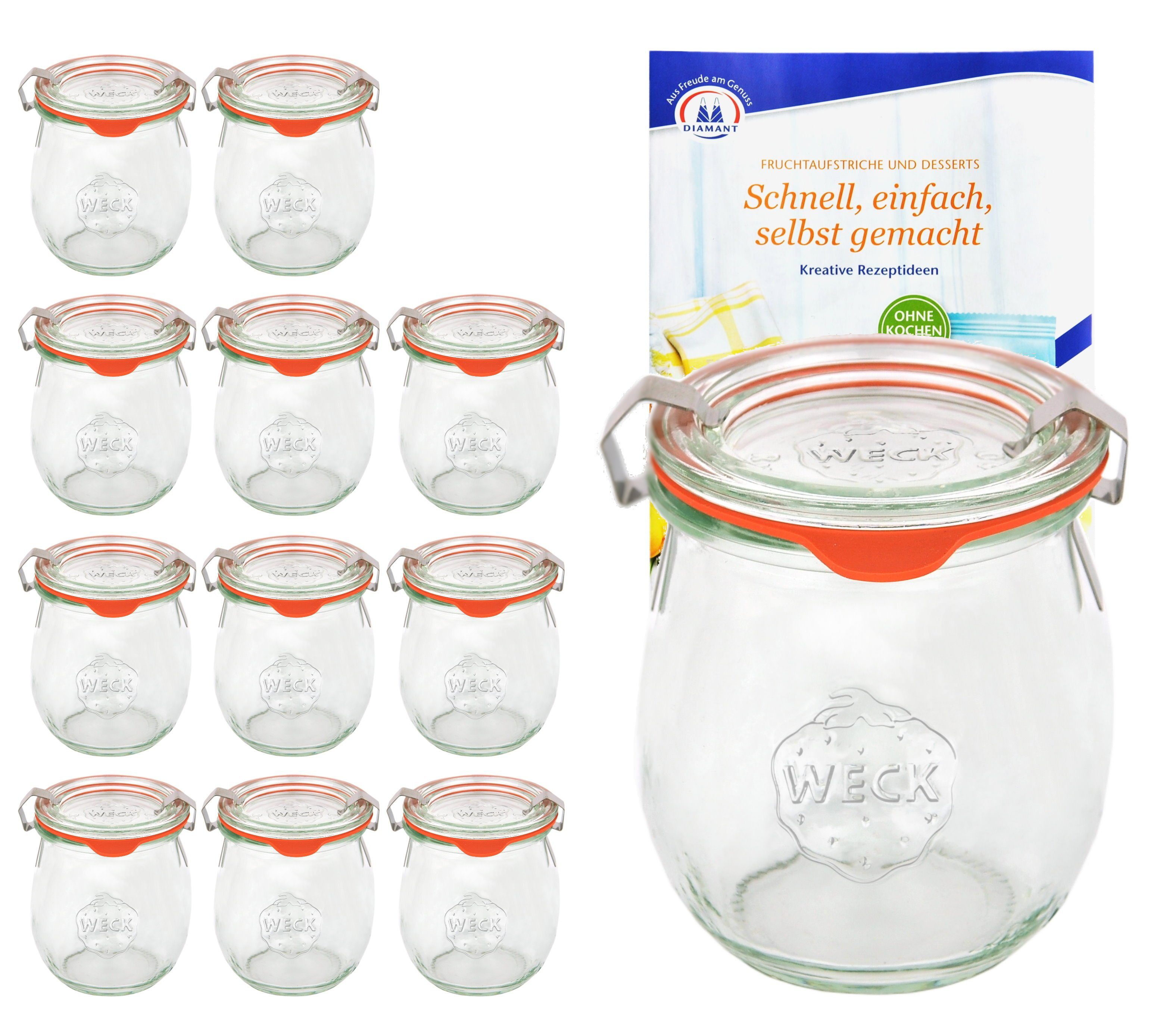 MamboCat Einmachglas 12er Set Weck Gläser 220ml Tulpengläser Deckel Einkochringe Klammer, Glas