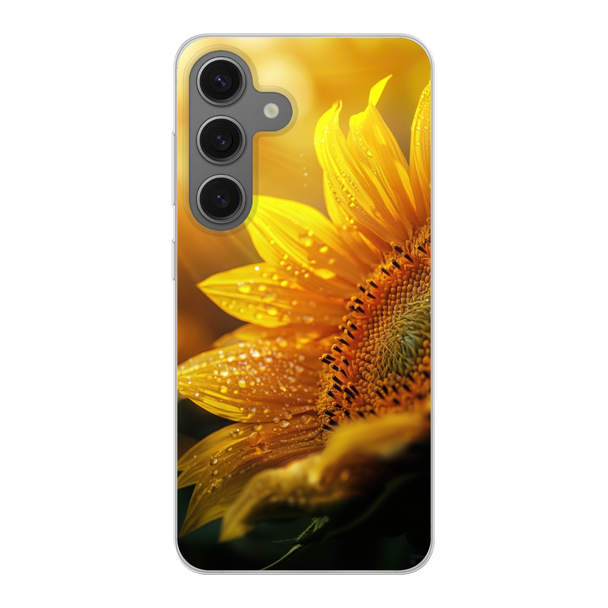 MuchoWow Handyhülle für Samsung Galaxy S25 Sonnenblume - Tautropfen - Gelb - Sonnenlicht, Phone Case, Silikon, Schutzhülle Dünn
