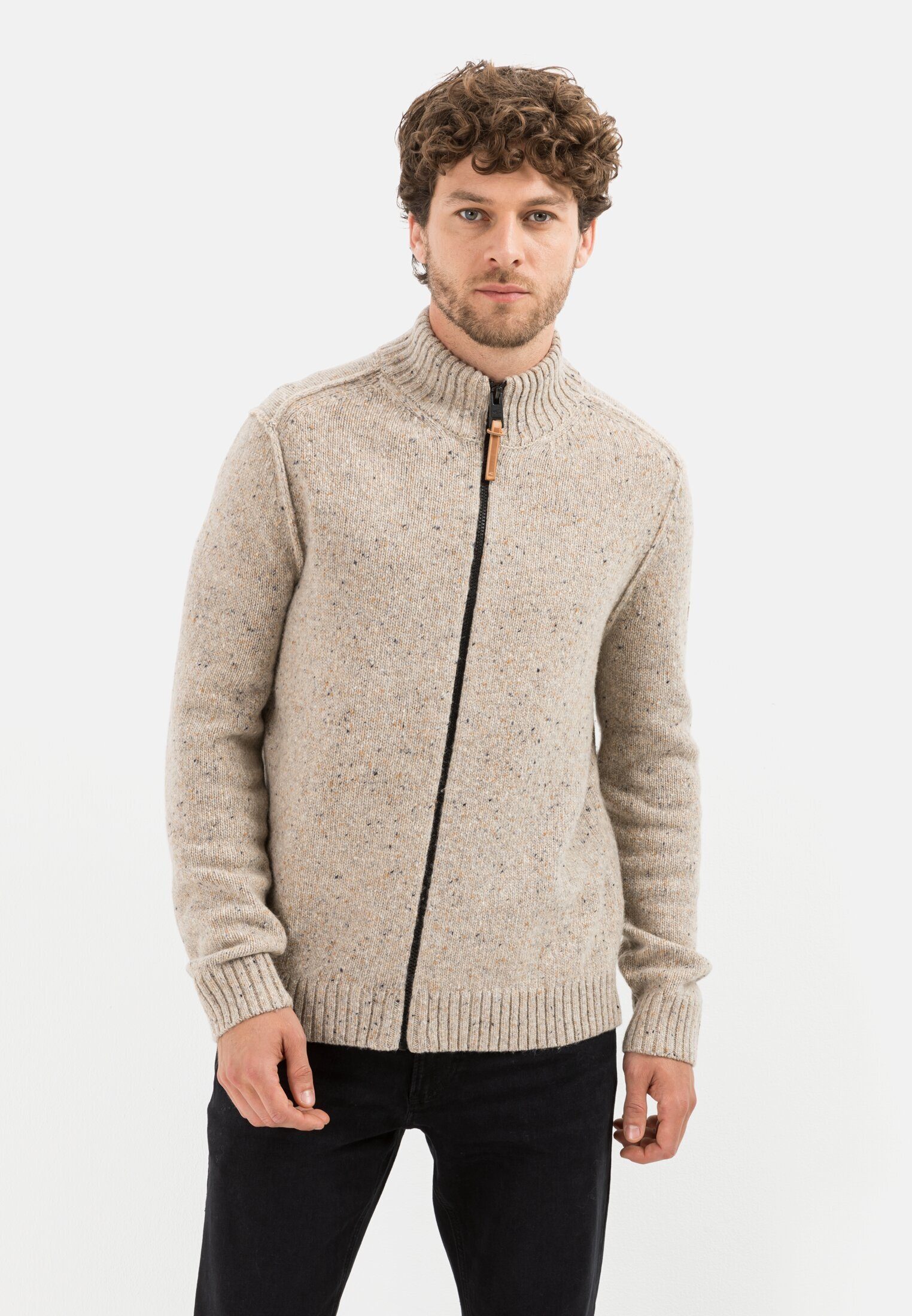 camel active Strickjacke mit Stehkragen Beige Stehkragen