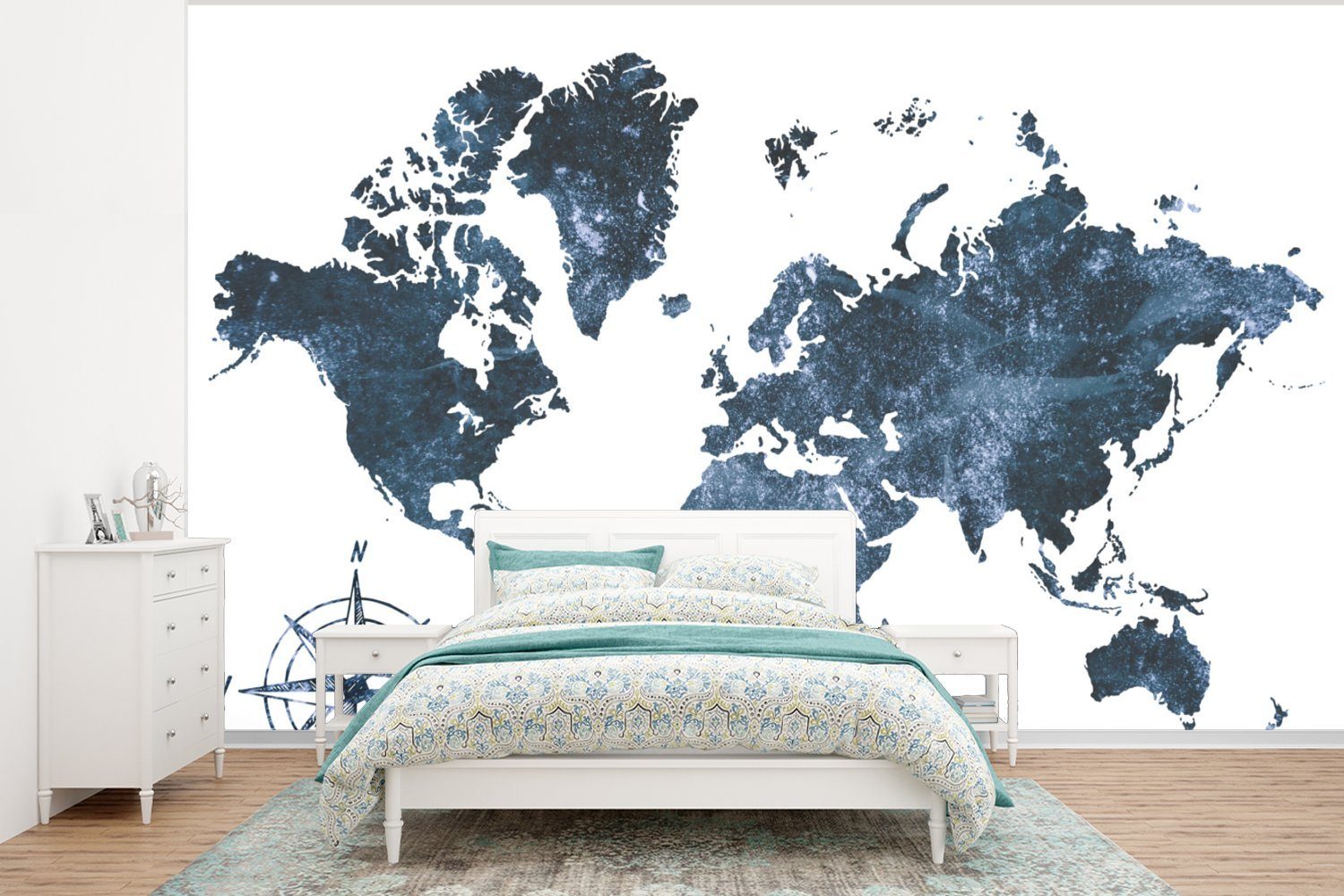 MuchoWow Fototapete Weltkarte - Blau - Weiß, Matt, bedruckt, (6 St), Wallpaper für Wohnzimmer, Schlafzimmer, Kinderzimmer, Vinyl Tapete | Fototapeten