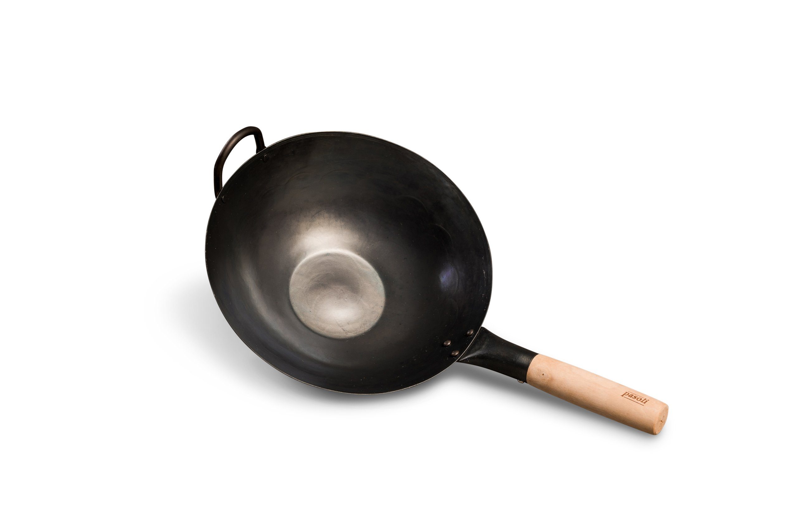 pasoli Wok voreingebrannter, traditionell handgehämmerter Wok mit flachem Boden, Karbon-Stahl, Voreingebrannt, Traditionell Handgehämmert, flacher Boden