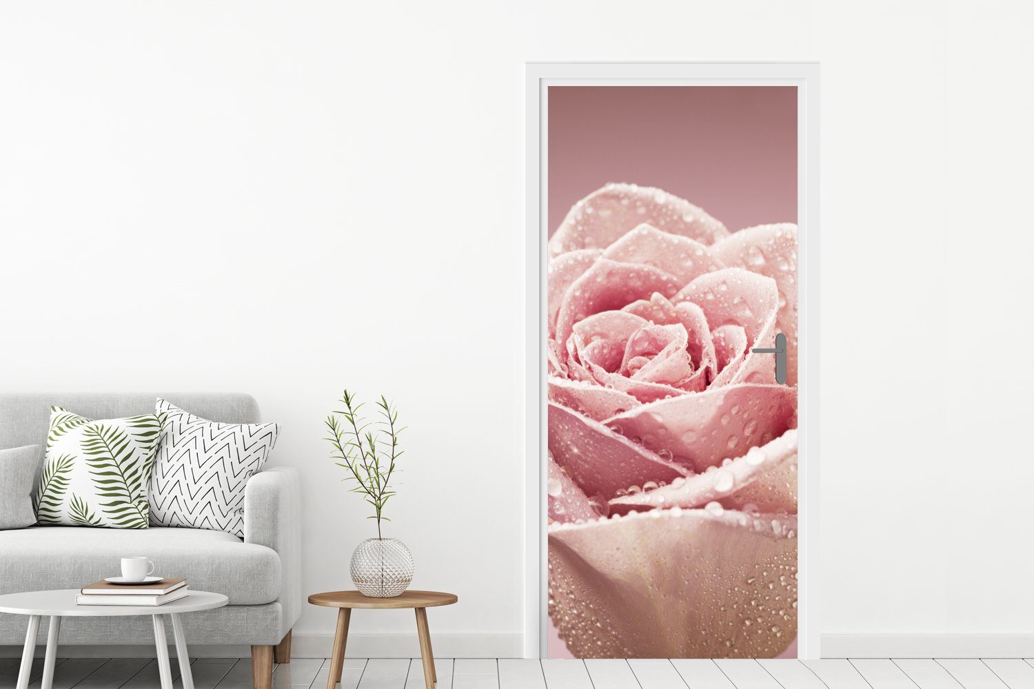 auf Türaufkleber, Türtapete Rose, (1 Matt, rosa Fototapete MuchoWow einer St), für Tür, bedruckt, einzelnen 75x205 Tautropfen cm