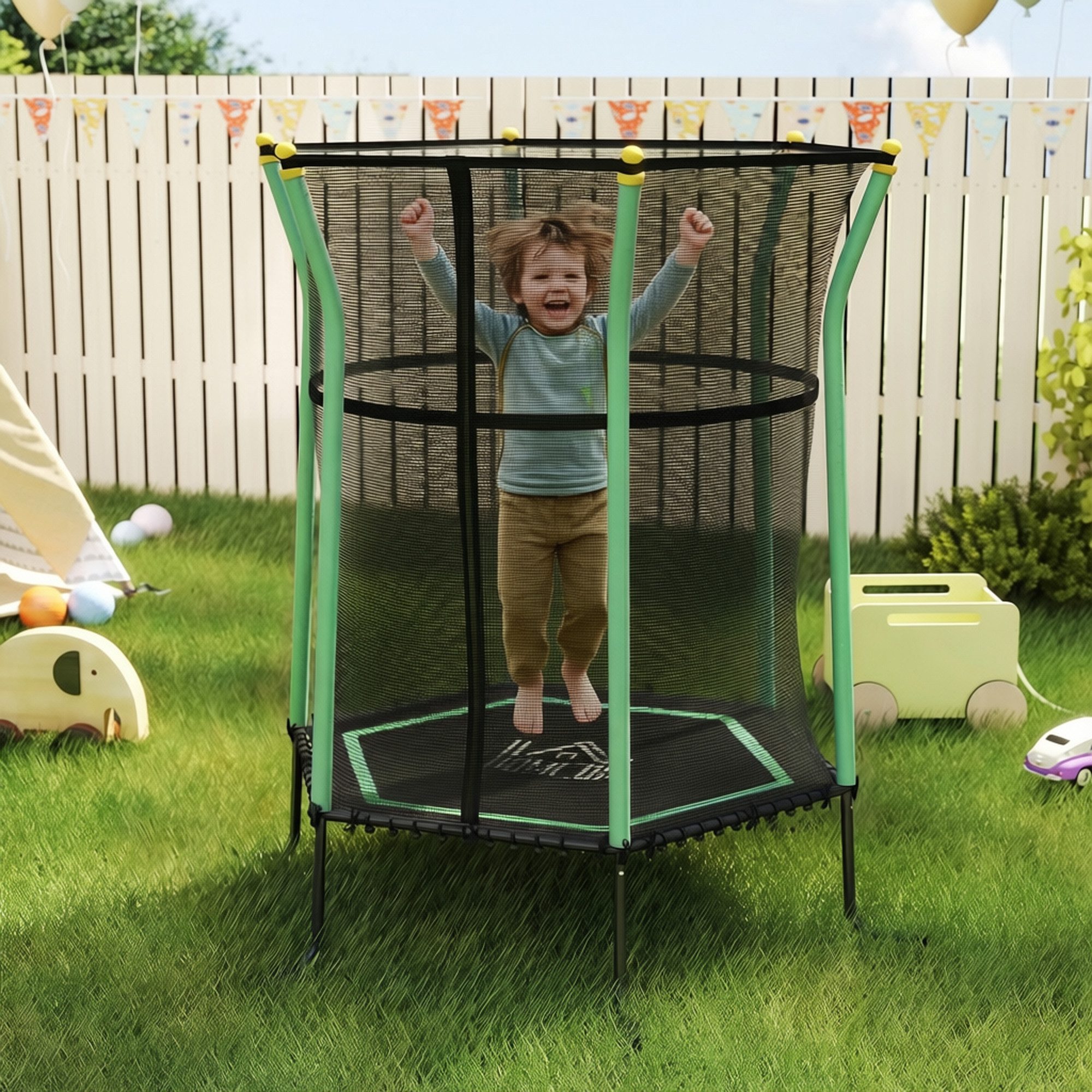 HOMCOM Kindertrampolin Trampolin, Federfreie Gartentrampolin mit Sicherheitsnetz, Ø 111 cm, (Indoor Trampolin, 1 tlg., Trampolin), bis 50 kg, für Kinder 3-10 Jahre Grün