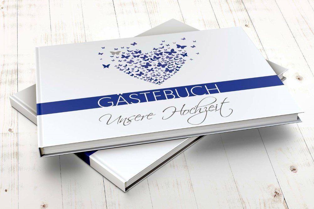 bigdaygraphix Notizbuch Hochzeitsgästebuch A4 Schmetterling Blau, Vorgefertigte Fragen für besondere Einträge.
