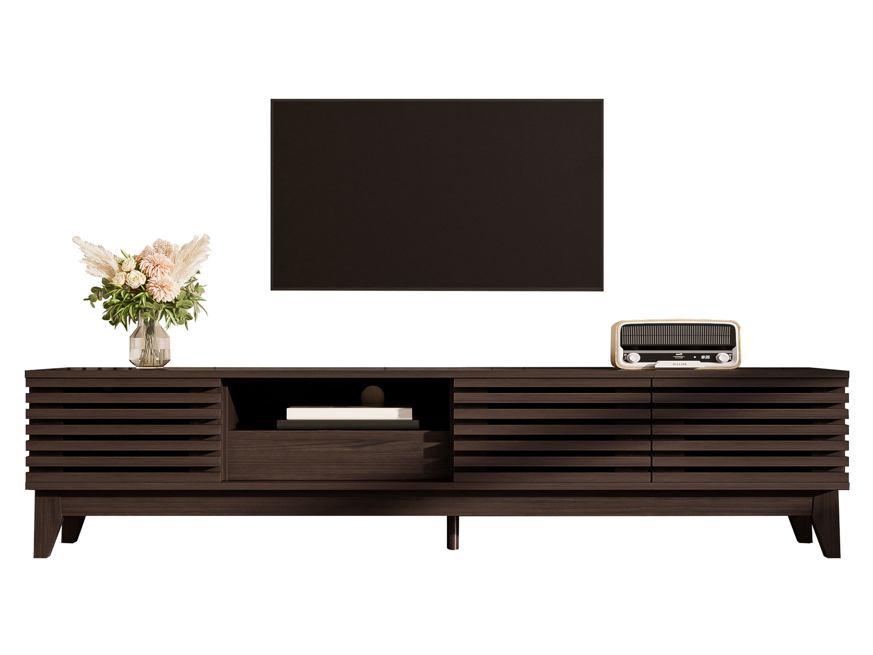 SeedWave Lowboard TV-Schrank im Retro-Design, mit 3 Luftigen Türen, Viel Stauraum, Fernsehschrank mit 5 Stützfüßen, Kabeldurchführung