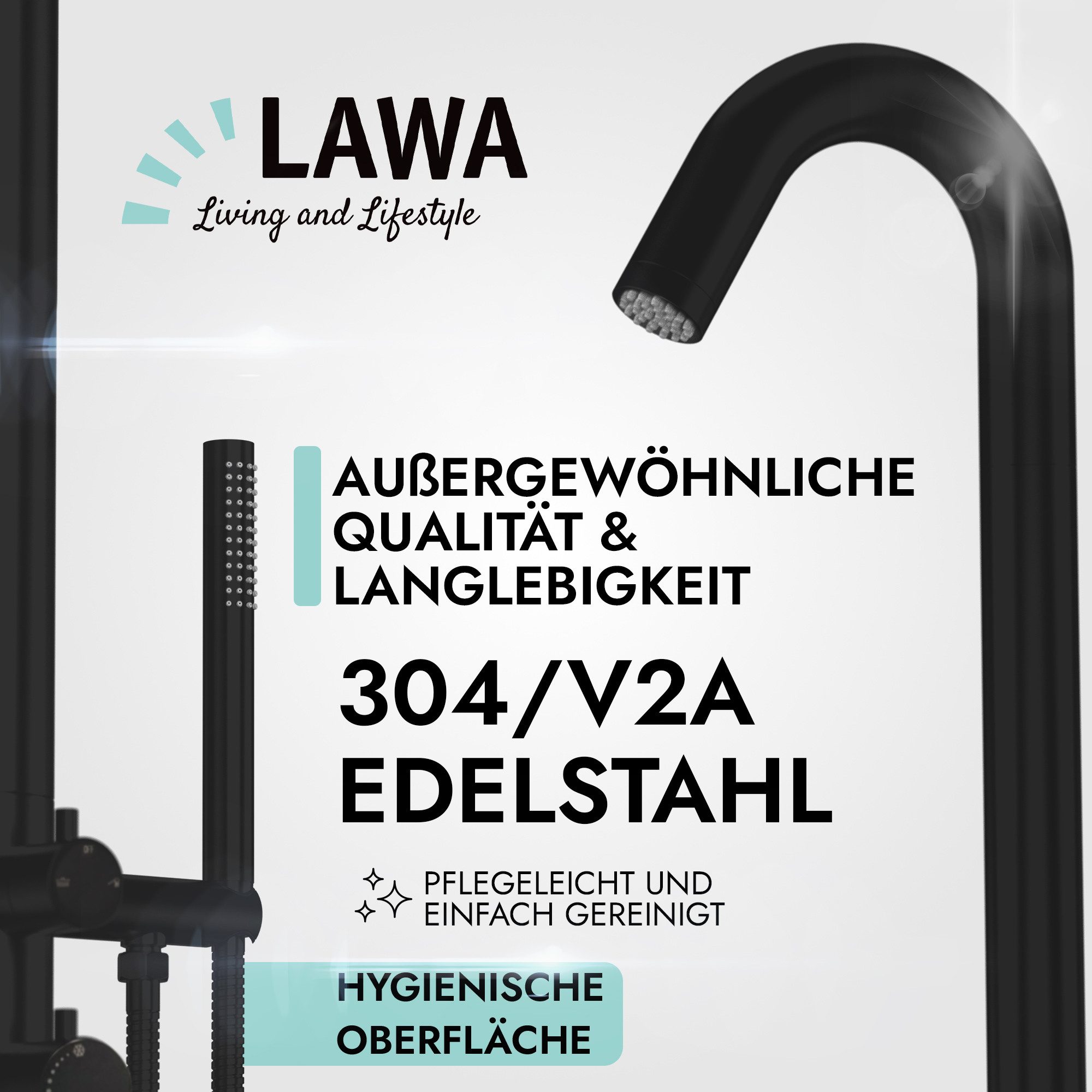 LAWA Living and Lifestyle Gartendusche V2A I 304 Edelstahl rostfrei Handbrause 20cm Regendusche warm kalt (restentleert - winterfest, 2 Anschlüsse, Anti-Kalk Noppen), Aussendusche Saunadusche Pooldusche Warmwasserdusche Kaltwasserdusche