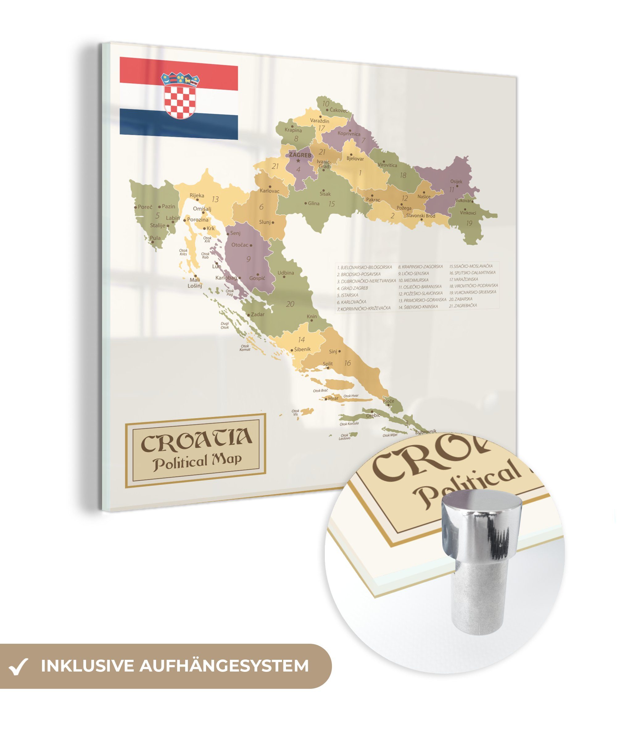 MuchoWow Bilder Kroatien, (1 auf - auf Wanddekoration von St), - Glas Acrylglasbild - Glas Wandbild Politische Foto Karte Glasbilder