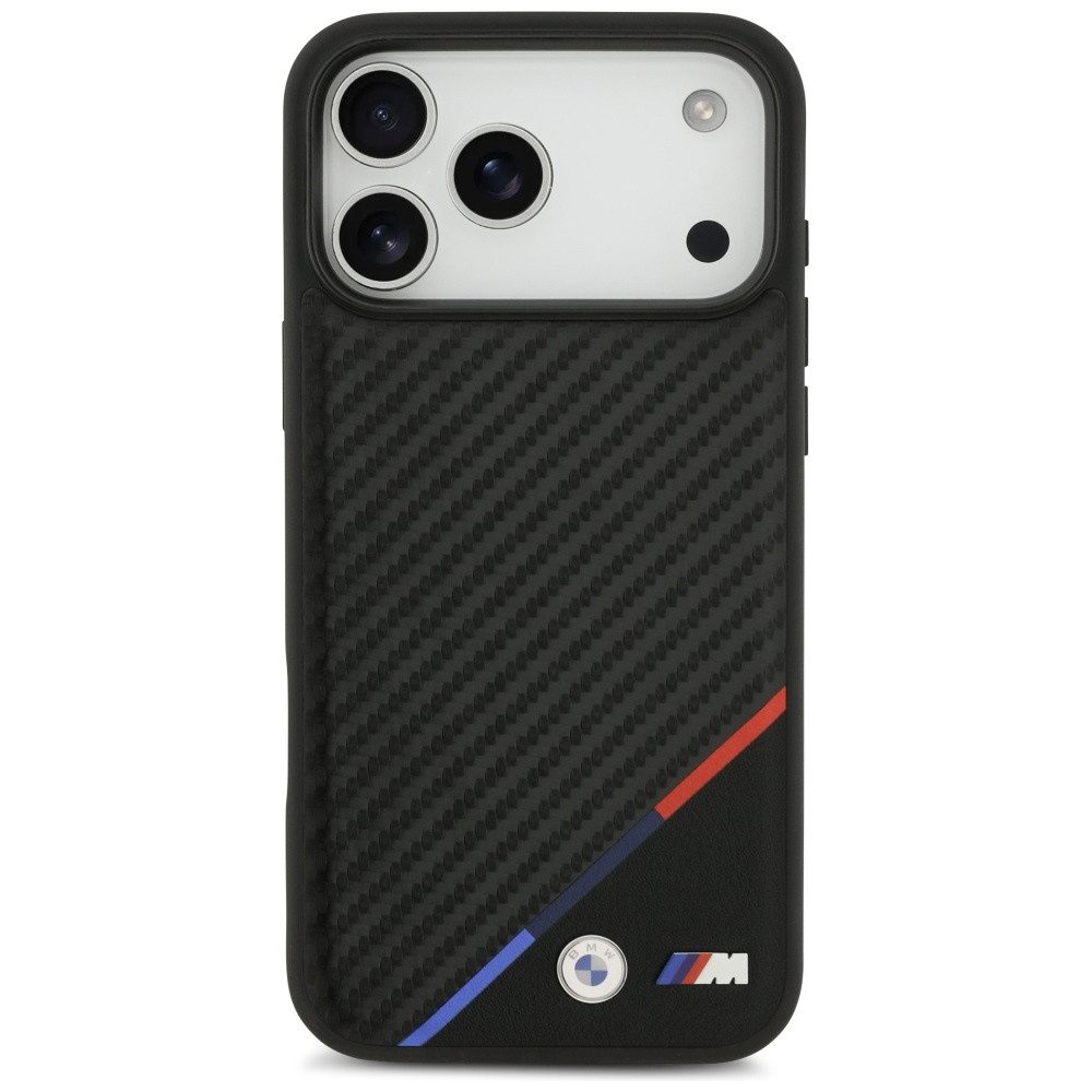BMW Handyhülle MagSafe iPhone 17 Pro Max Carbon-Look Tricolor schwarz Logo Metall 6,9 Zoll, Kantenschutz