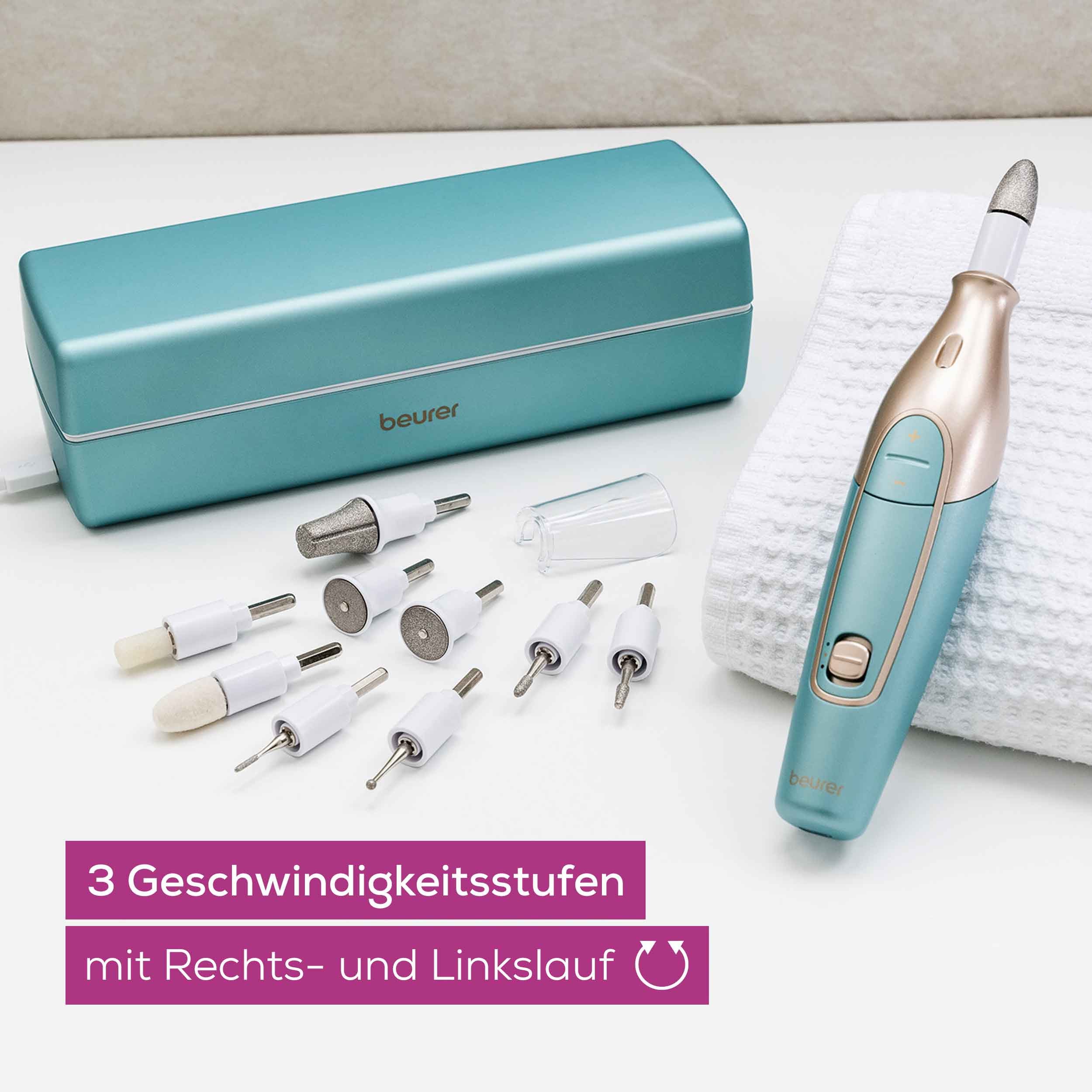 BEURER Maniküre-Pediküre-Set MP 84 elektrische Nagelfeile, kabellos mit Lade- und Aufbewahrungsetui, Mit 10 Aufsätzen, LED-Licht, Abschaltautomatik und Ladekontrollanzeige