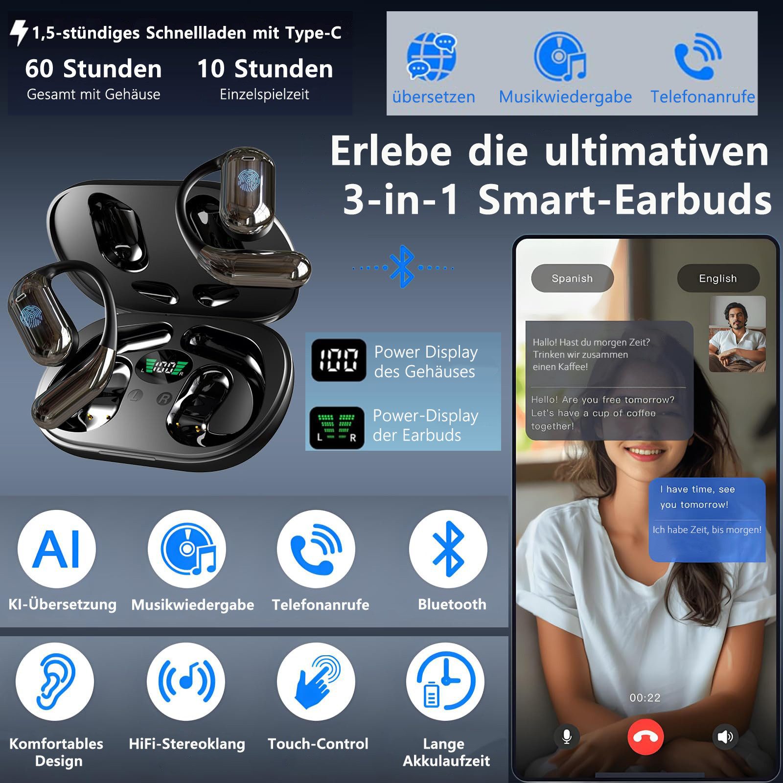 MOPUEA Bluetooth Kopfhörer Übersetzungs Kopfhörer Open-Ear-Kopfhörer Open-Ear-Kopfhörer (Clip-on Sport-Kopfhörer, Bluetooth 5.4, Offenes Ohrclip-Design, IPX7 Wasserdicht, Echtzeit-Übersetzung in 144 Sprachen, Ohrhörer Übersetzergerät für Übung, Büro, Alltag, Arbeit, Reisen)