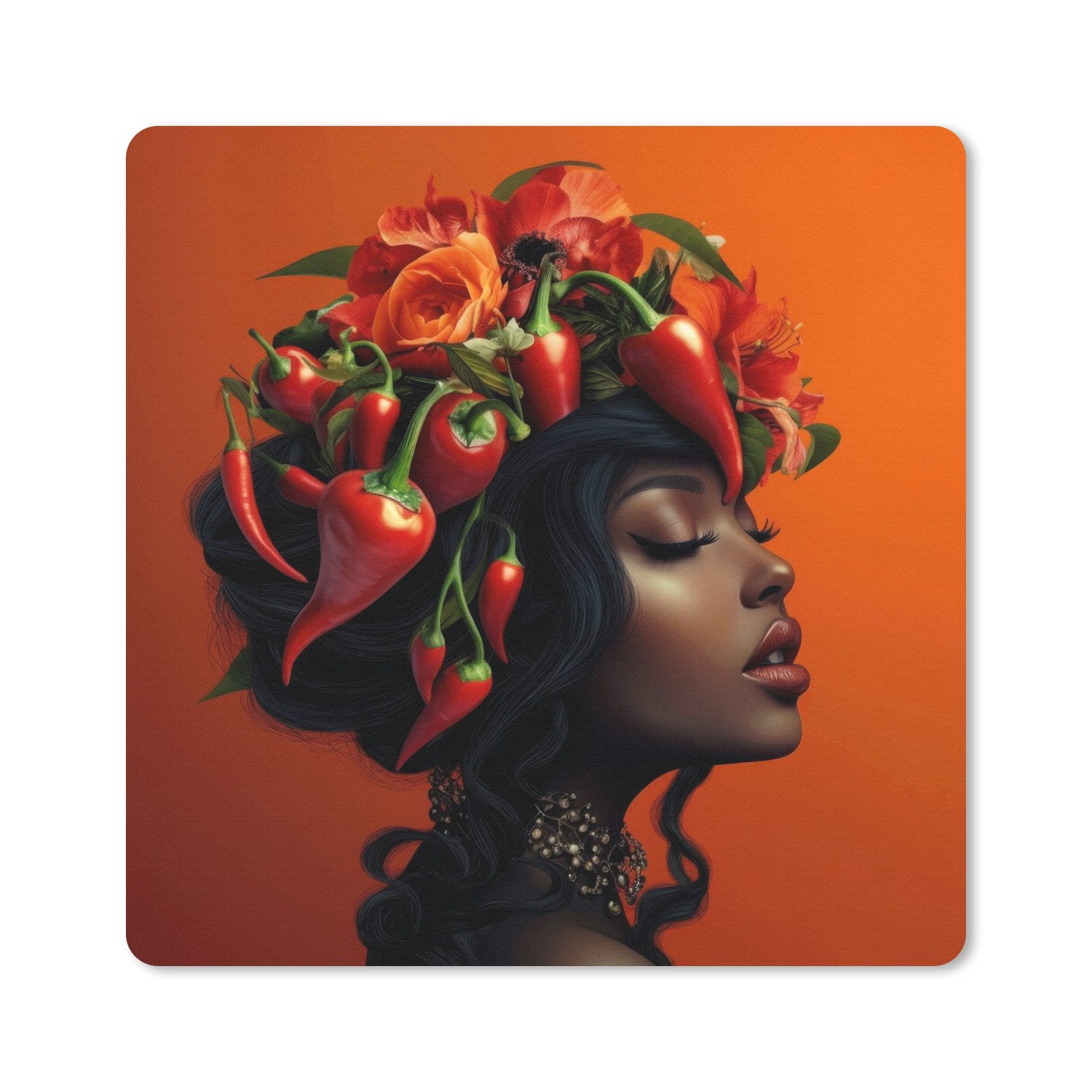 MuchoWow Mauspad Frau - Chilischoten - Blumen (1-St), Mousepad, Schreibtisch Zubehör, Deko, 20x20 cm