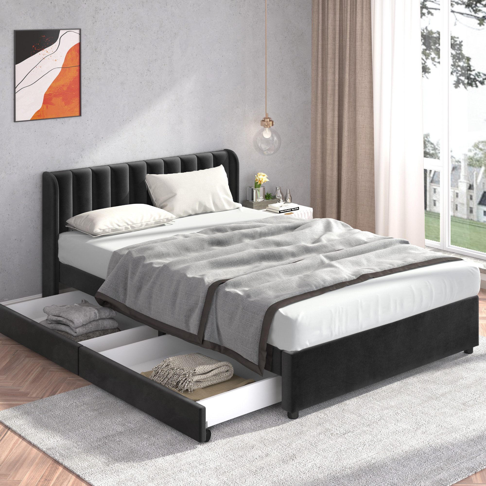 MODFU Polsterbett Stauraumbett mit Kopfteil und 2 Schubladen (140 x 200 cm), Schlichter und stilvoller Samt-Look