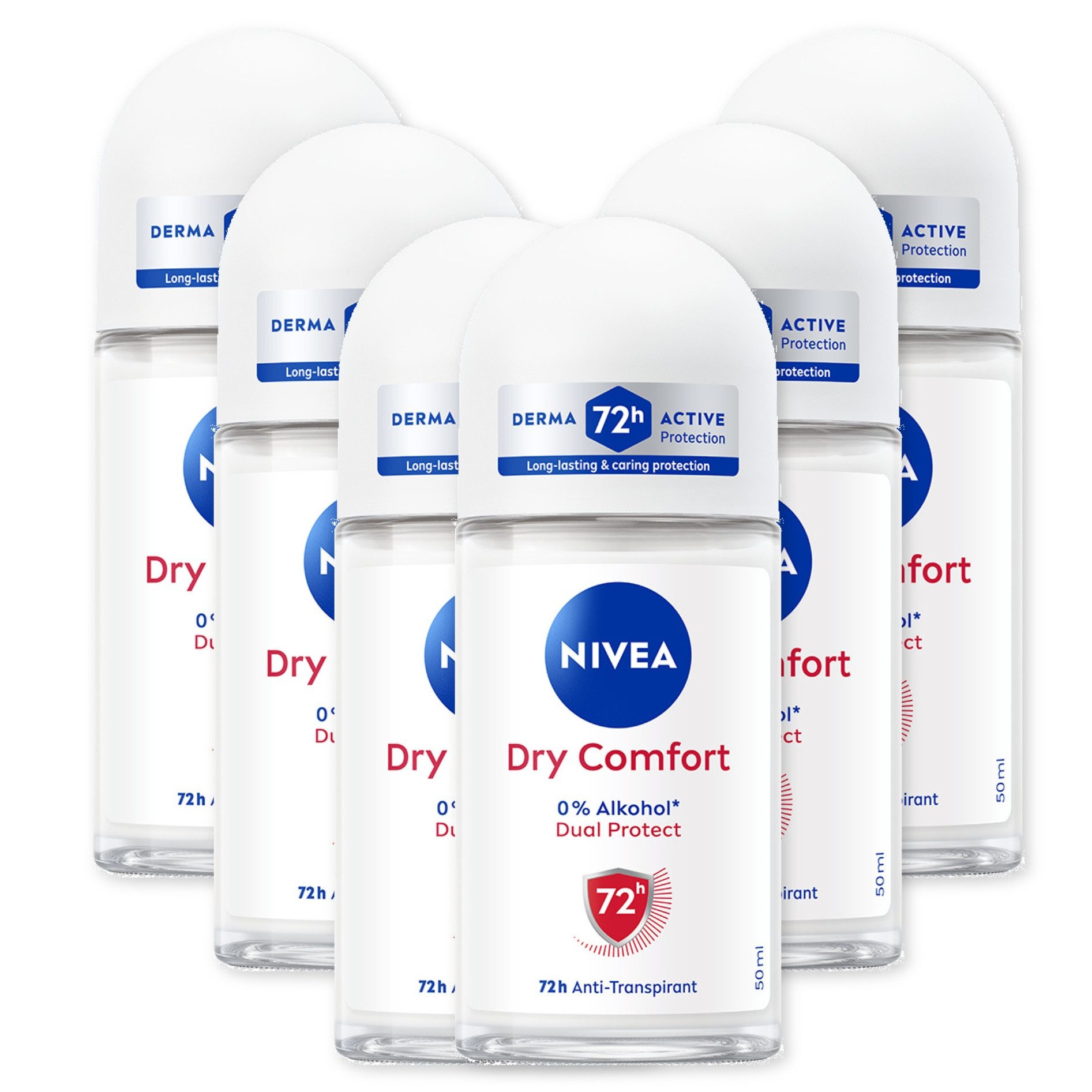 Nivea Deo-Roller Deodorant Dry Comfort Deo Roll-On 6 x 50ml, 6-tlg., Zuverlässiger 72h Anti-Transpirant-Schutz
