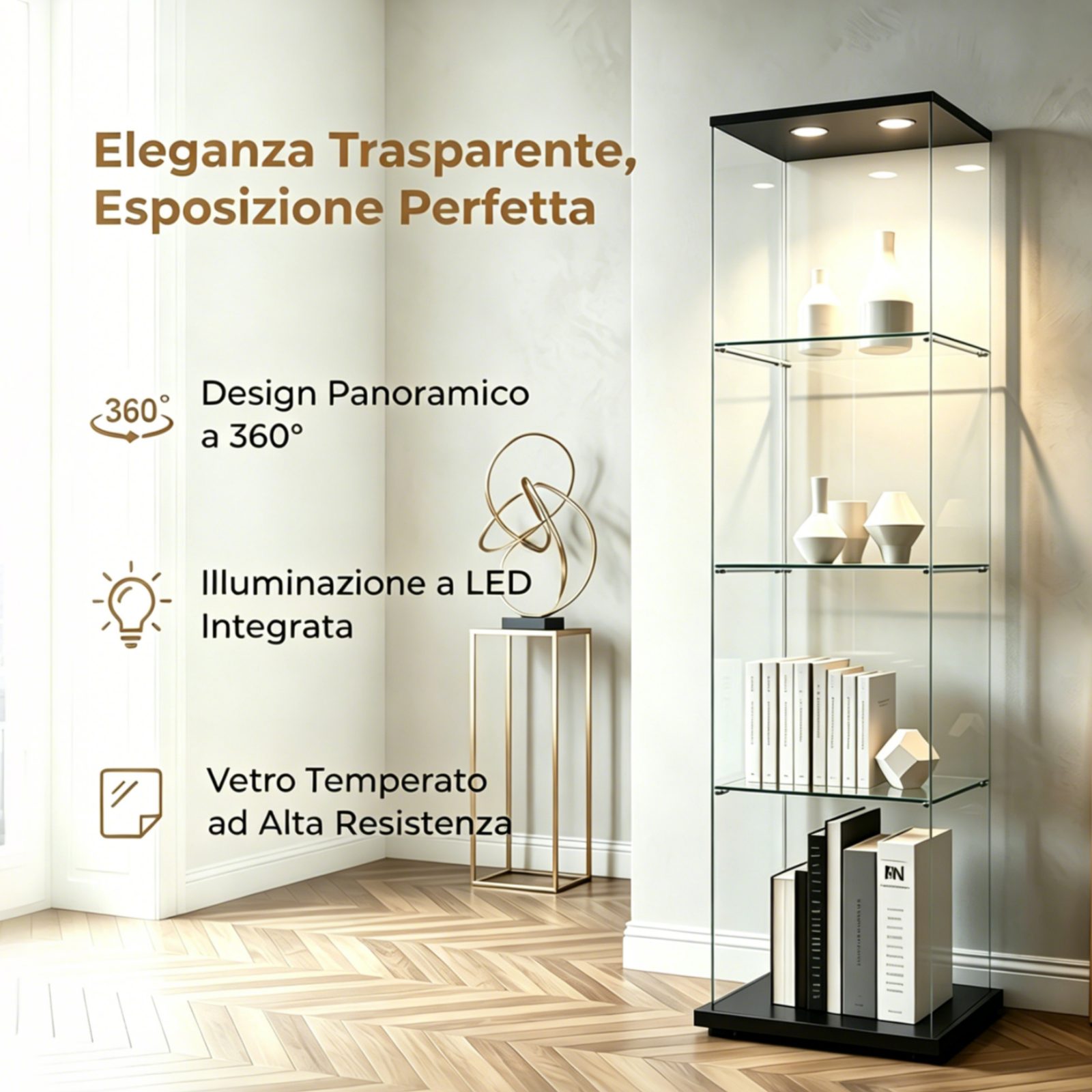 Simurq Glasvitrine mit LED Beleuchtung Standvitrine mit Glastür,Eckvitrine Glas (1-2 Packungen, Vitrinenschrank mit 1 türen,Schloss) Glas vitrine aus Gehärtetes – Bild 5 von 5