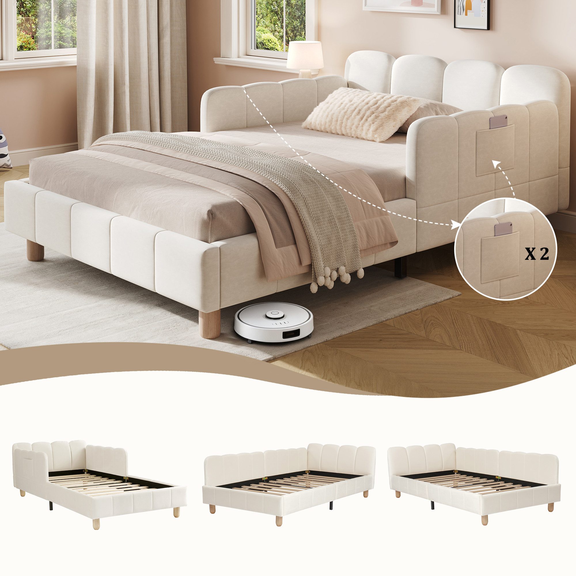 REDOM Polsterbett 90x200 cm mit Rausfallschutz aus Samt beige (Packung, 1-tlg., Gepolstertes Kopfteil), Massivholz-Beine, ideal als Kinder & Jugendliche( ohne Matratze)