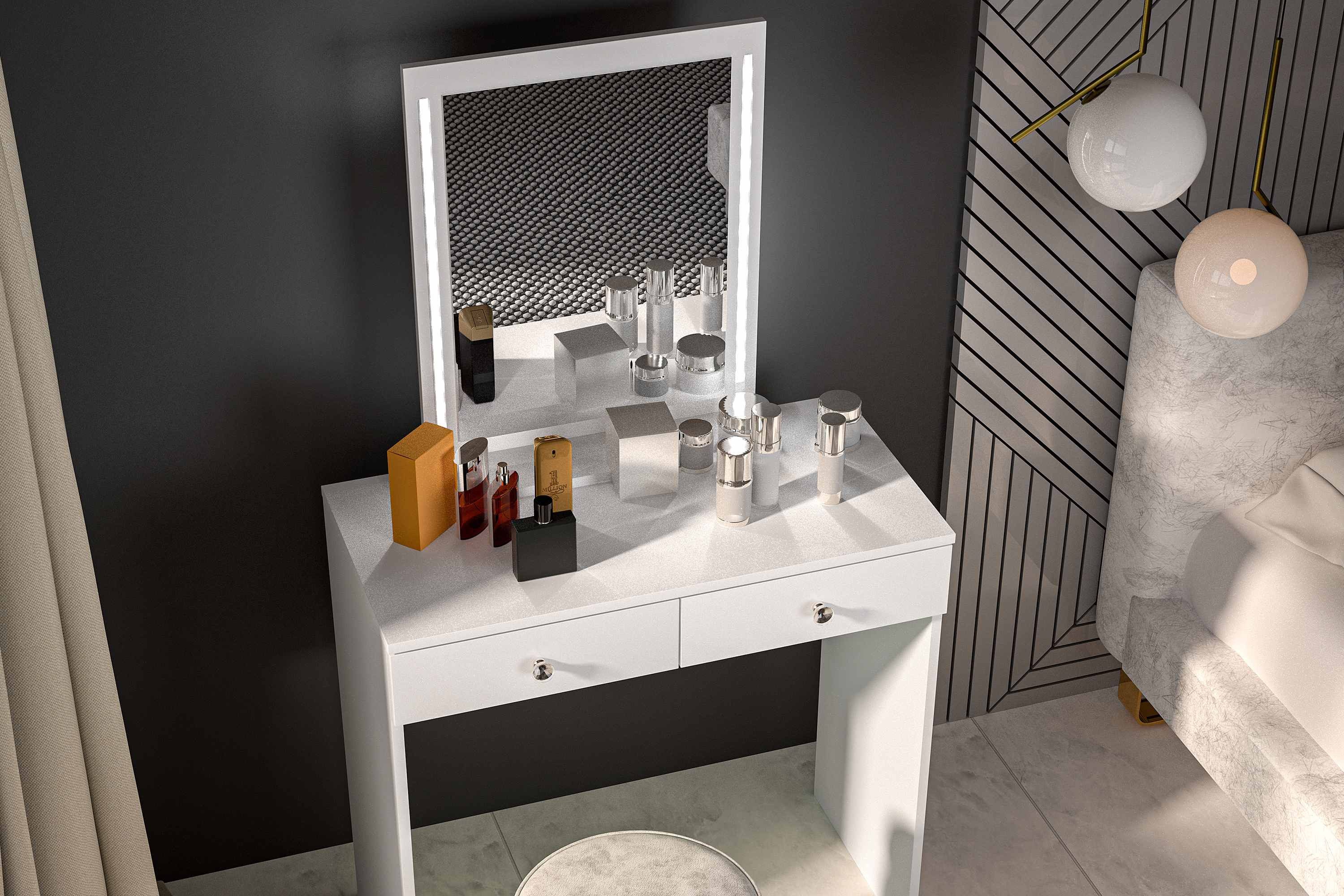KONSIMO® Schminktisch RELETTI Schminktisch mit Spiegel, hergestellt in der EU, mit Schubladen, Griffe aus Diamant-Imitat, mit Beleuchtung