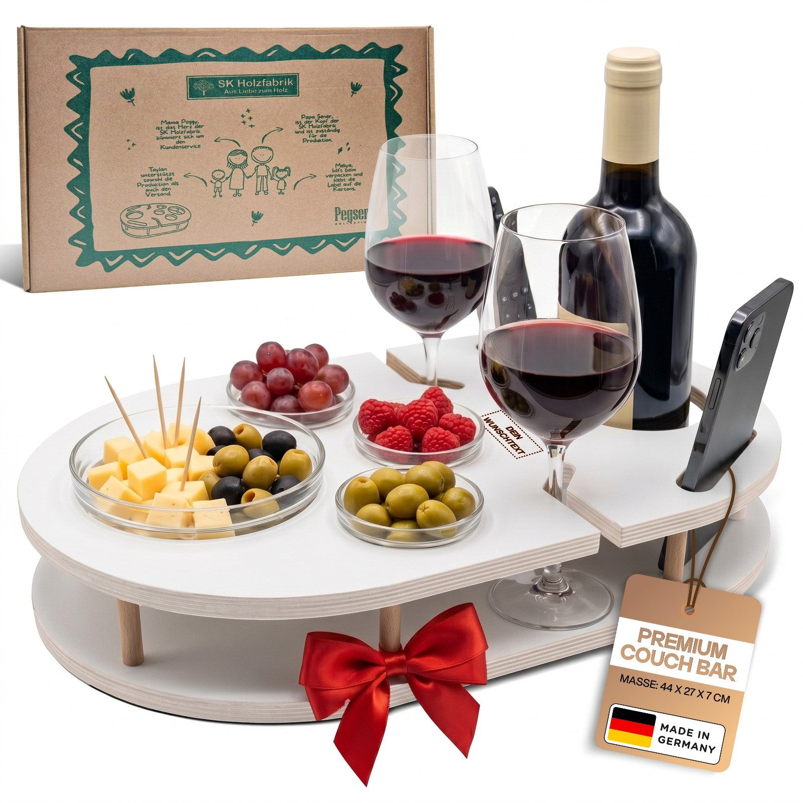 PEGSEN Servier-Set Weinbar Couchbar mit 4 Glasschalen, Birkenholz, Weingläser & Snacks stehen stabil und sicher