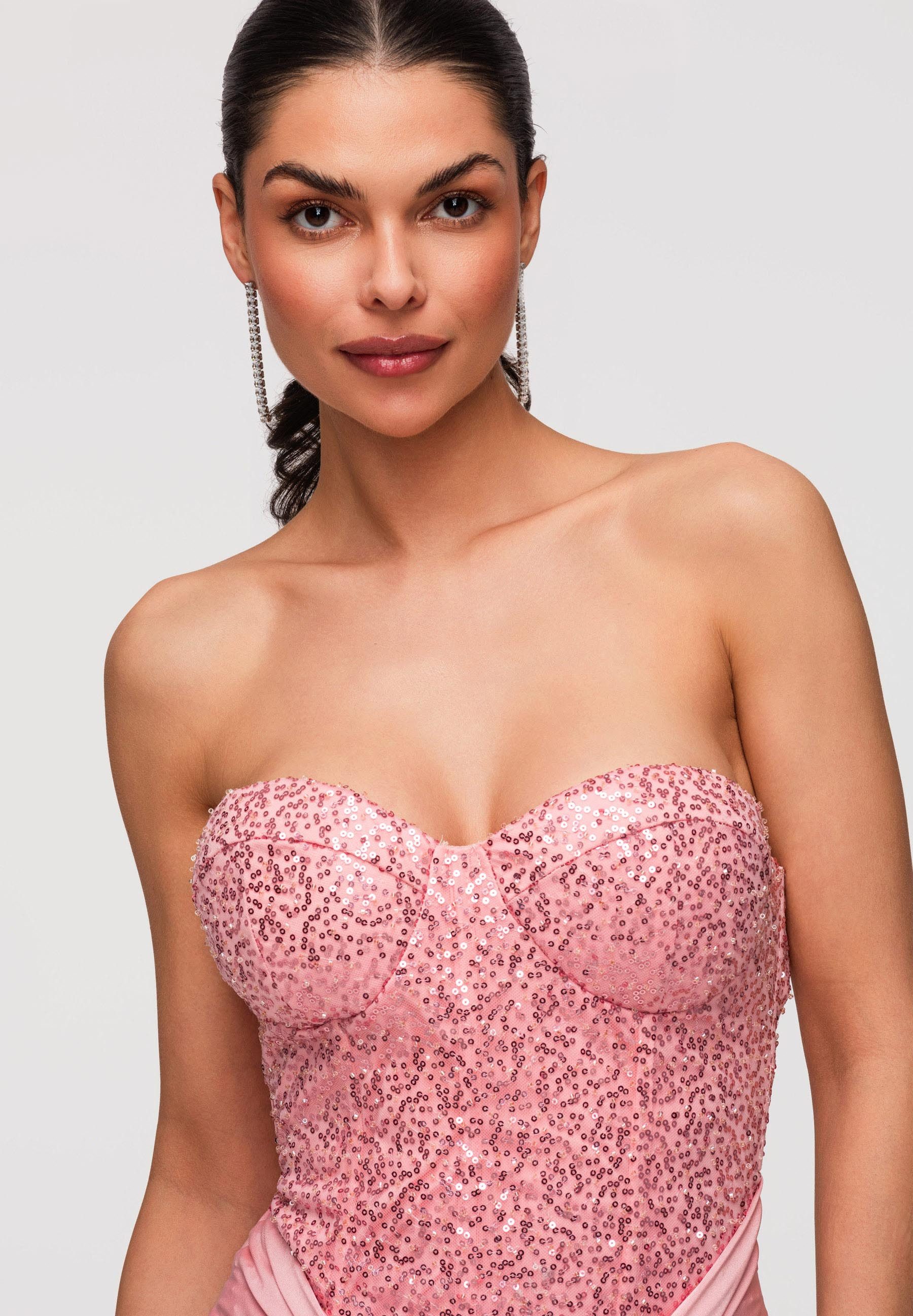 OMBRE Abendkleid Maxikleid mit Pailletten und Korsett-Optik Pink S (kein Set, 1-tlg) Drapierter Bund mit Knoten