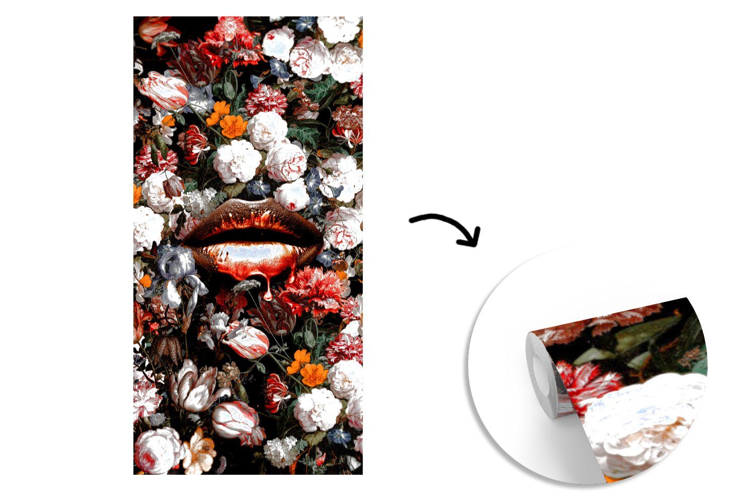 Orange Fototapete Schlafzimmer Meister, Abstrakt MuchoWow - Alte Blumen St), - - Kunst Lippen Farbe - Küche, - für Wohnzimmer bedruckt, (2 - Fototapete Matt, Vliestapete