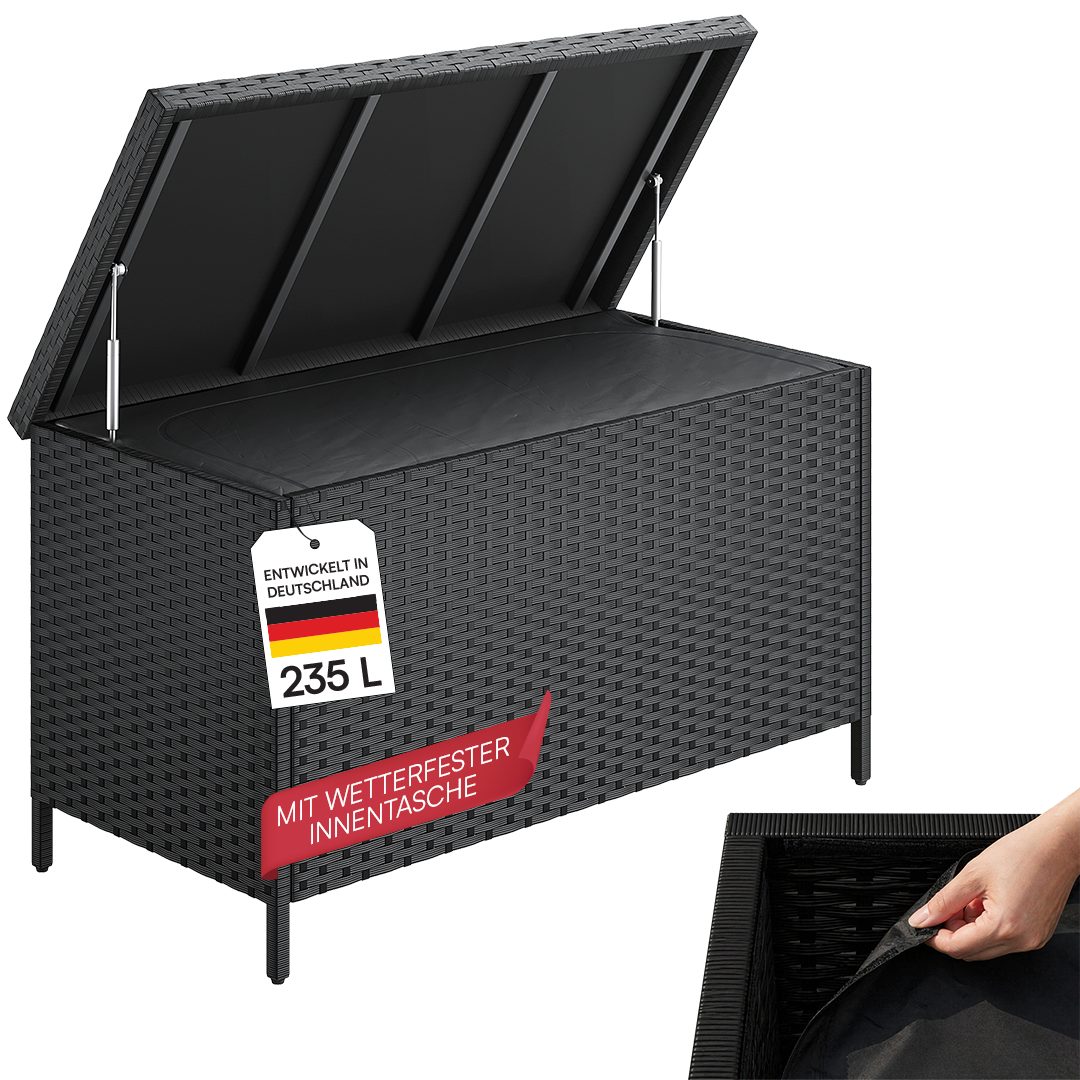 STEELSØN Aufbewahrungsbox Serion Gartenkiste aus Polyrattan (schwarz, 110 x 55 x 60 cm), herausnehmbare Innenplane, wetterfeste Gartenbox mit Metallgestell