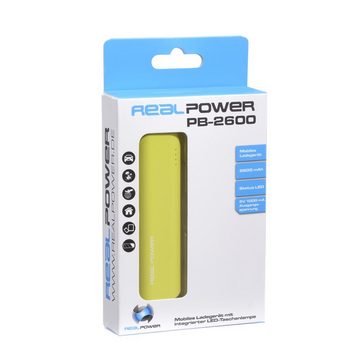 Realpower PB-2600 Powerbank 2600 mAh, Mobiles Ladegerät, LED, Smartphone, Akku, Handy, USB, Zusatzakku