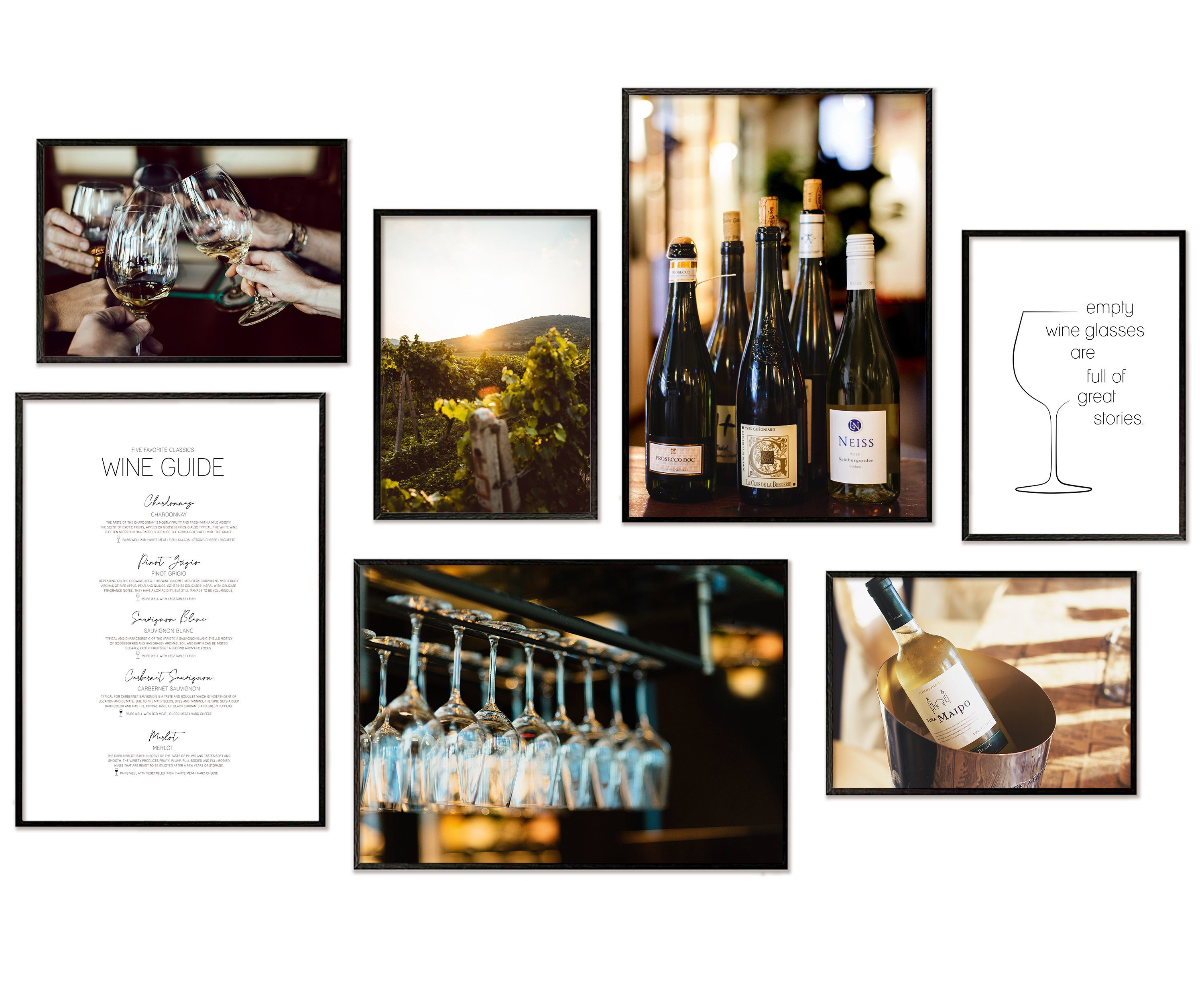 Hyggelig Home Poster Wein - Premium Poster Set OHNE & MIT Rahmen - 7 Wandbilder Weingläser, Genuss (Set, 7 St), Collage Wine Guide, Qualitätsdruck dickes Papier