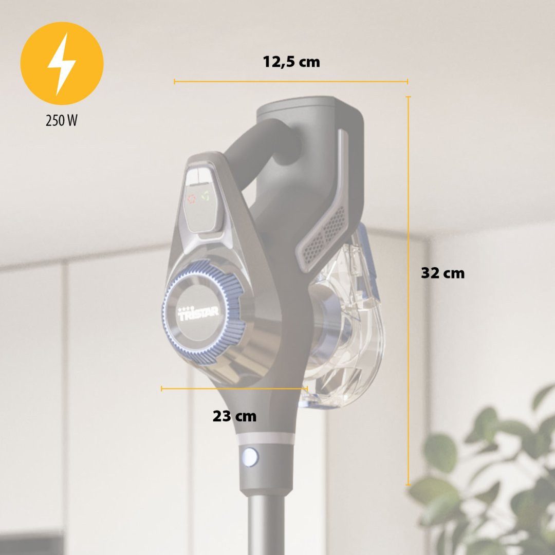 Tristar Akku-Hand-und Stielstaubsauger Tristar SZ-2390 Schnurloser Stabstaubsauger – Einsatzdauer von 40 min, 250 W, 2-in-1, 23 kPa Saugleistung, 40 Min, LED-Beleuchtung, HEPA-Filter
