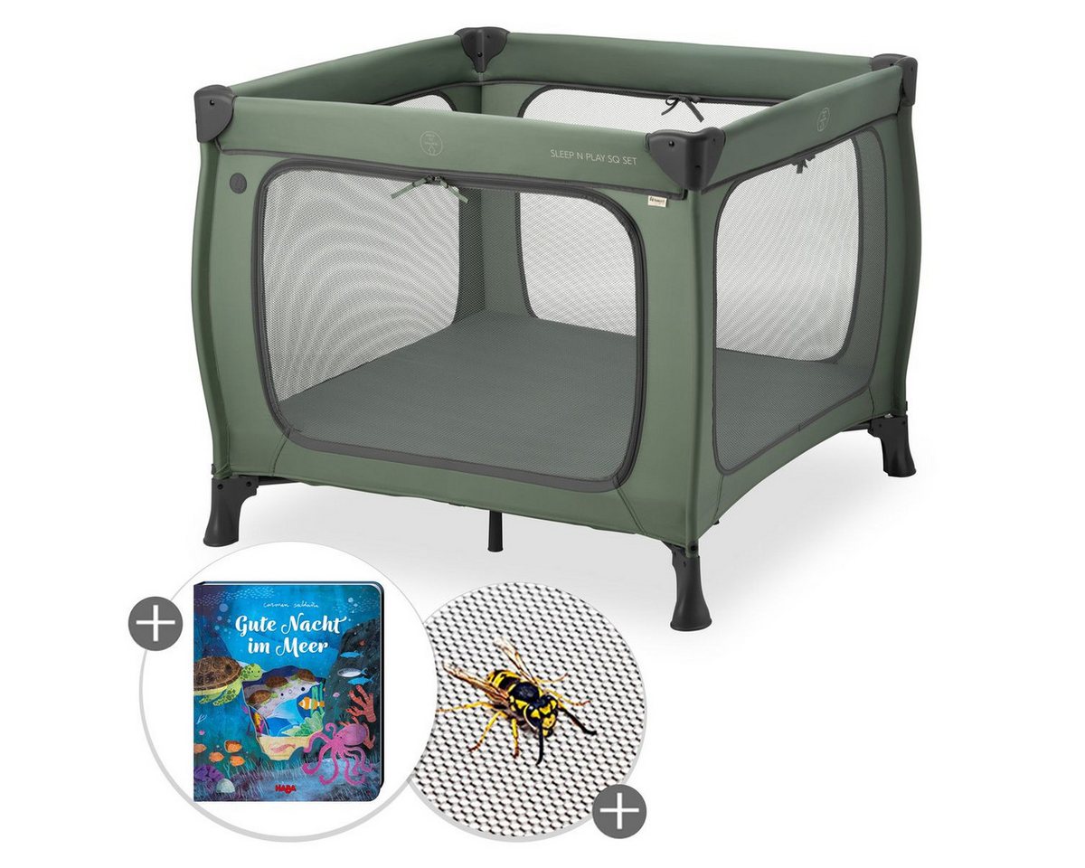 Hauck Baby-Reisebett Sleep N Play SQ Set - Dark Green, Reisebett Laufgitter faltbar mit Matratze und Insektenschutz bis 15 kg