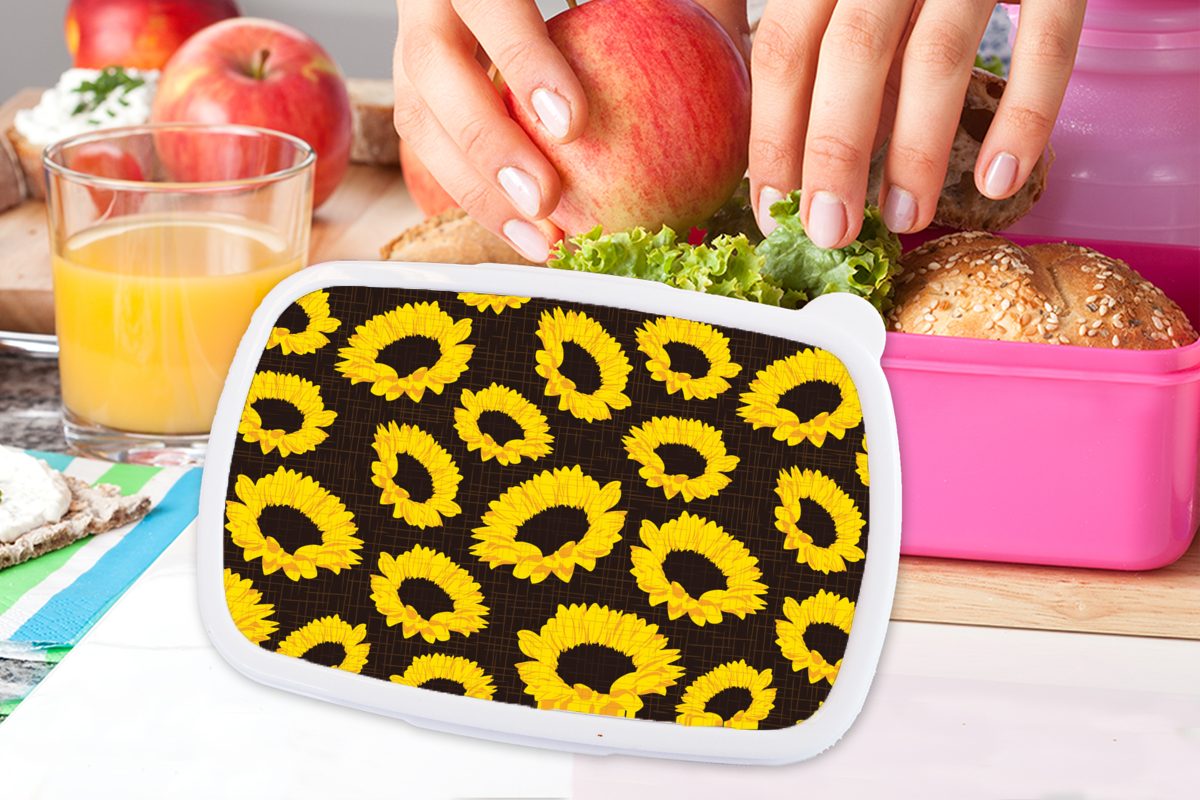 Kunststoff Brotbox MuchoWow Brotdose für Erwachsene, Mädchen, Sonnenblumen (2-tlg), Lunchbox Kinder, rosa Snackbox, - Muster Kunststoff, Gelb, -