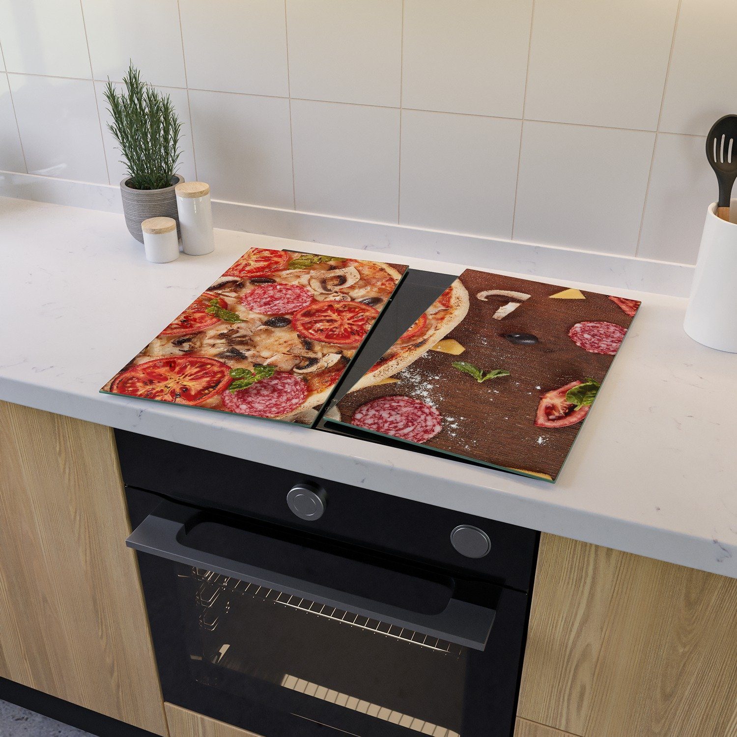 Wallario Herd-Abdeckplatte Pizza mit Größen und Salami, 2 Oliven (Glasplatte, Noppen), Tomaten, 5mm inkl. Pilzen, tlg., verschiedene ESG-Sicherheitsglas