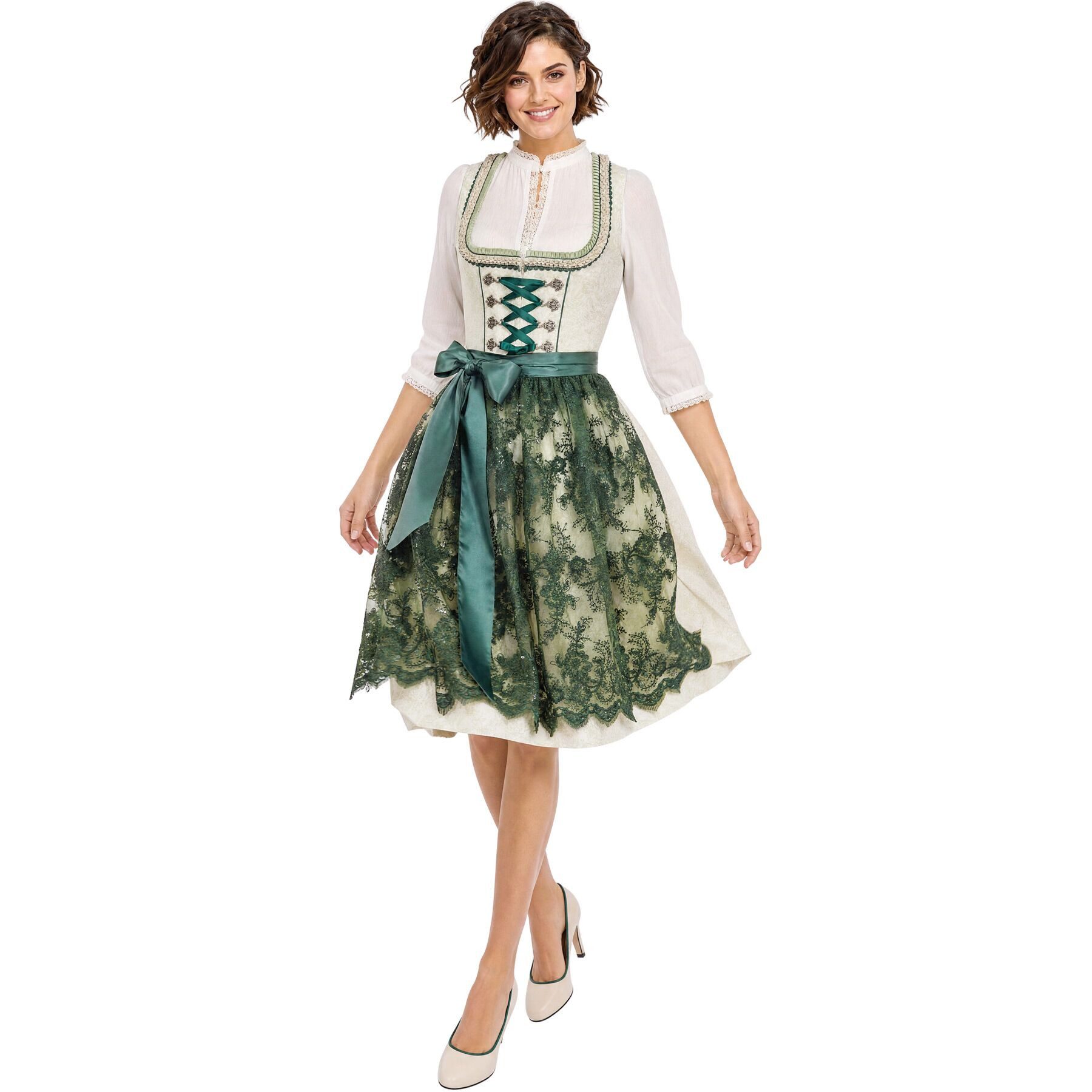 dressforfun Dirndl Elegantes Trachtenkleid kurz für Damen mit feinen Details (Trachtendirndl Melanie, in Grün) Inkl. Schürze für ein komplettes Oktoberfest-Outfit