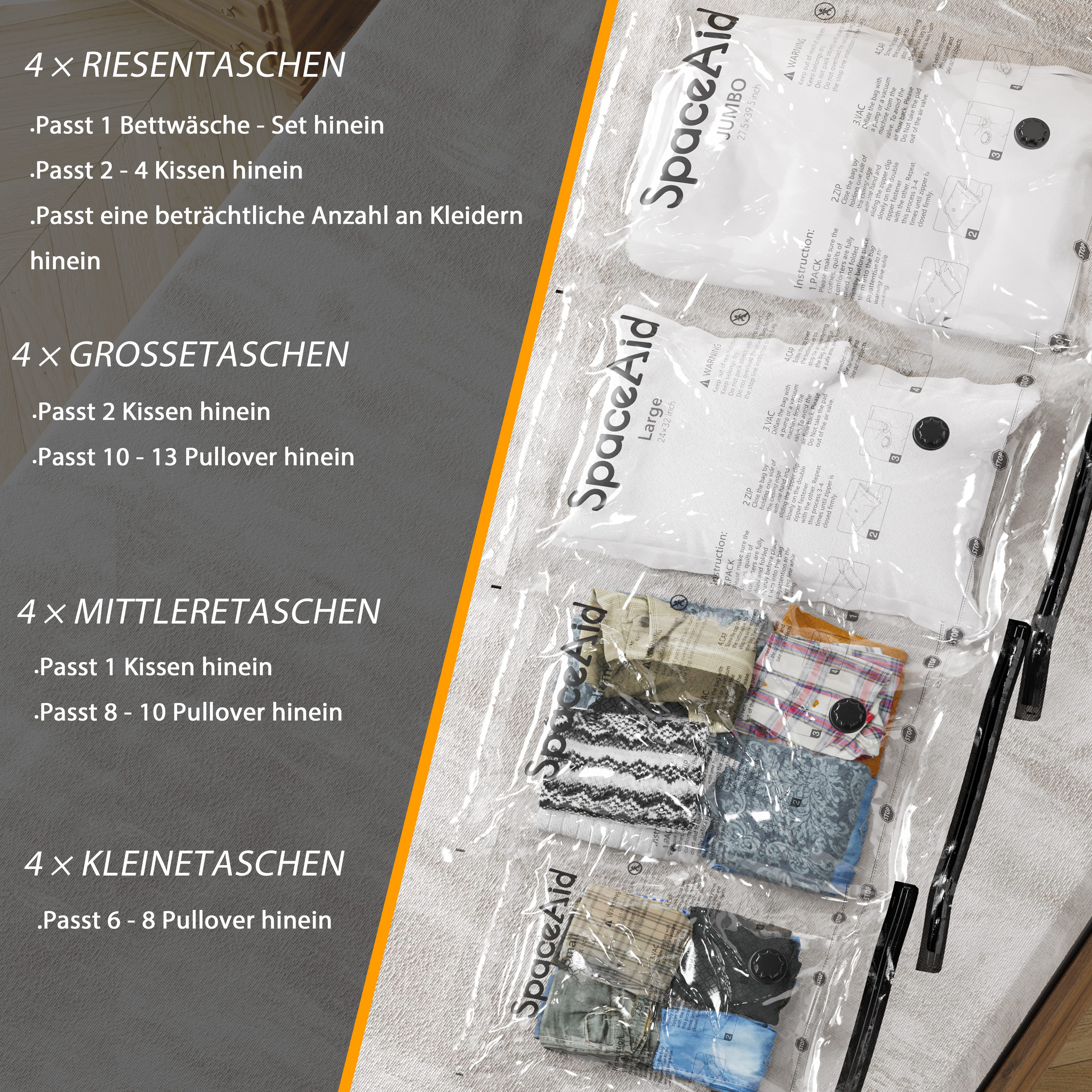 SpaceAid Vakuumbehälter Compression Packing Cubes, (20-tlg., 4 Riesen- (70x100 cm) 4 große (60x80 cm) 4 mittlere (50x70 cm), 4 kleine (40x60 cm) 4 Reise-Rollbeutel (ohne Sauger)