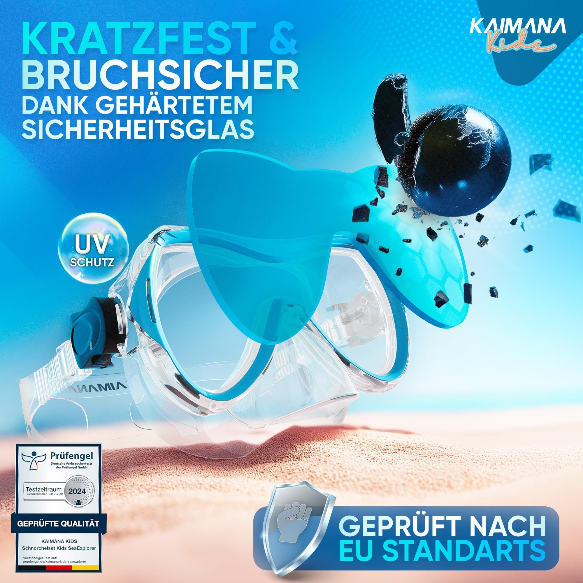 KAIMANA Tauchermaske SeaExplorer Schnorchelset Kinder inkl. Tragetasche, (Taucherbrille mit Schnorchel, Taucherbrille Kinder), Taucherbrille mit Stoffband/Silikonband