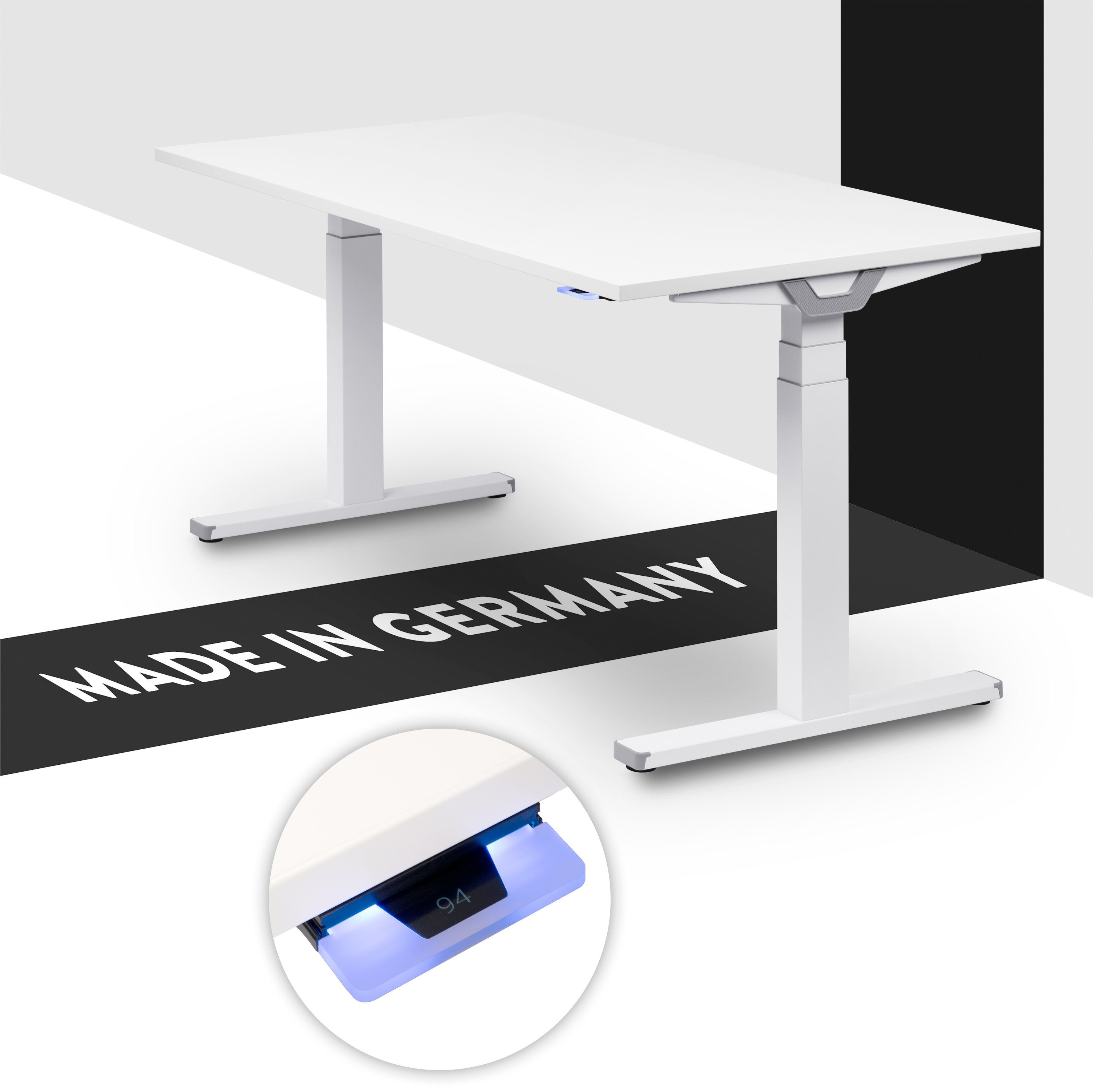 boho office® Schreibtisch Premium Line, Weiß elektrisch höhenverstellbar, Tischplatte Wildeiche 120 x 80 cm Weiß | Weiß (Melamin)