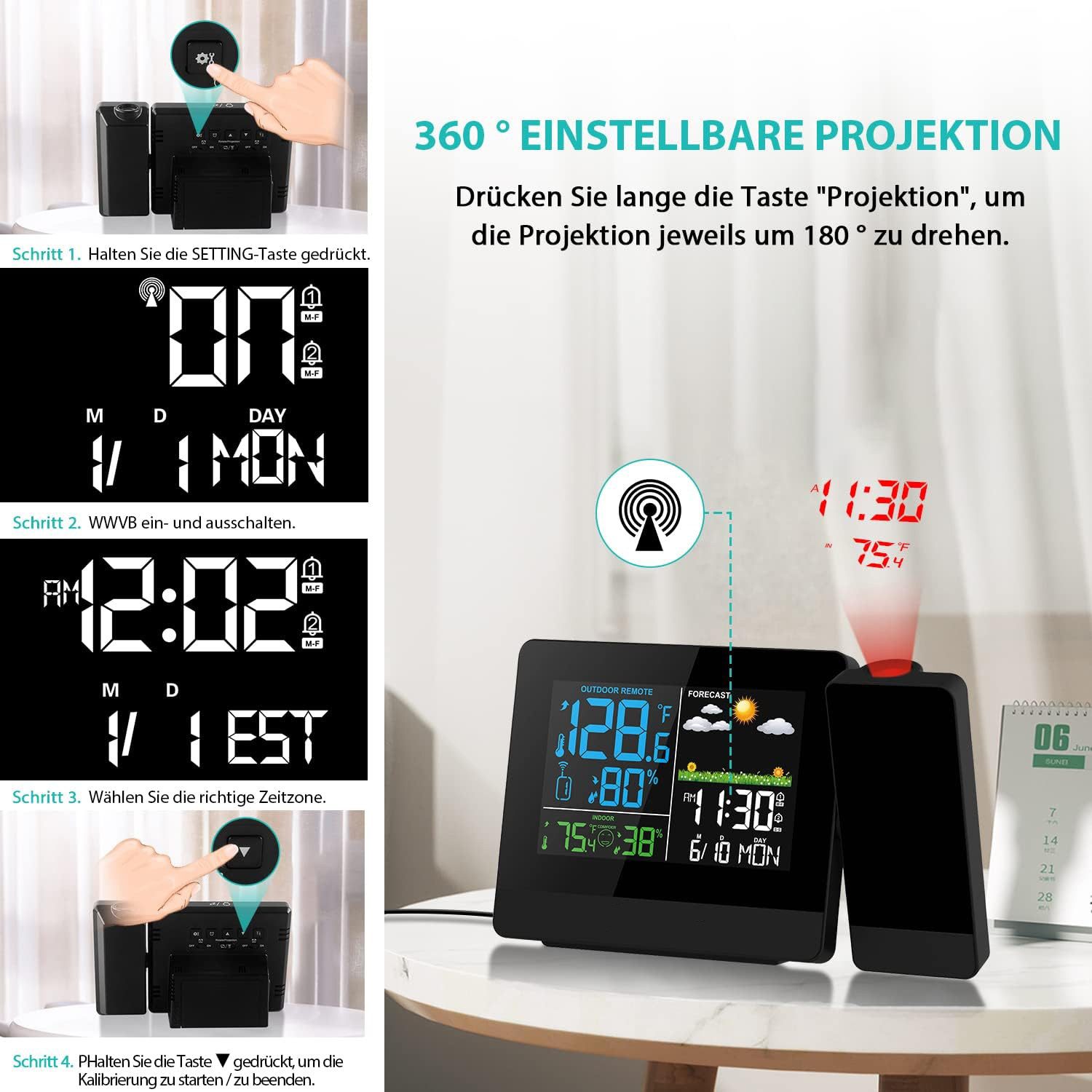 Forrlite, Wetterstation Funk mit Außensensor Wetterstation (mit Wettervorhersage, Innen und Außen Temperatur / Luftfeuchte, Farbdisplay, Dualwecker mit Schlummerfunktion, geeignet für Zuhause, Büro und Garten)