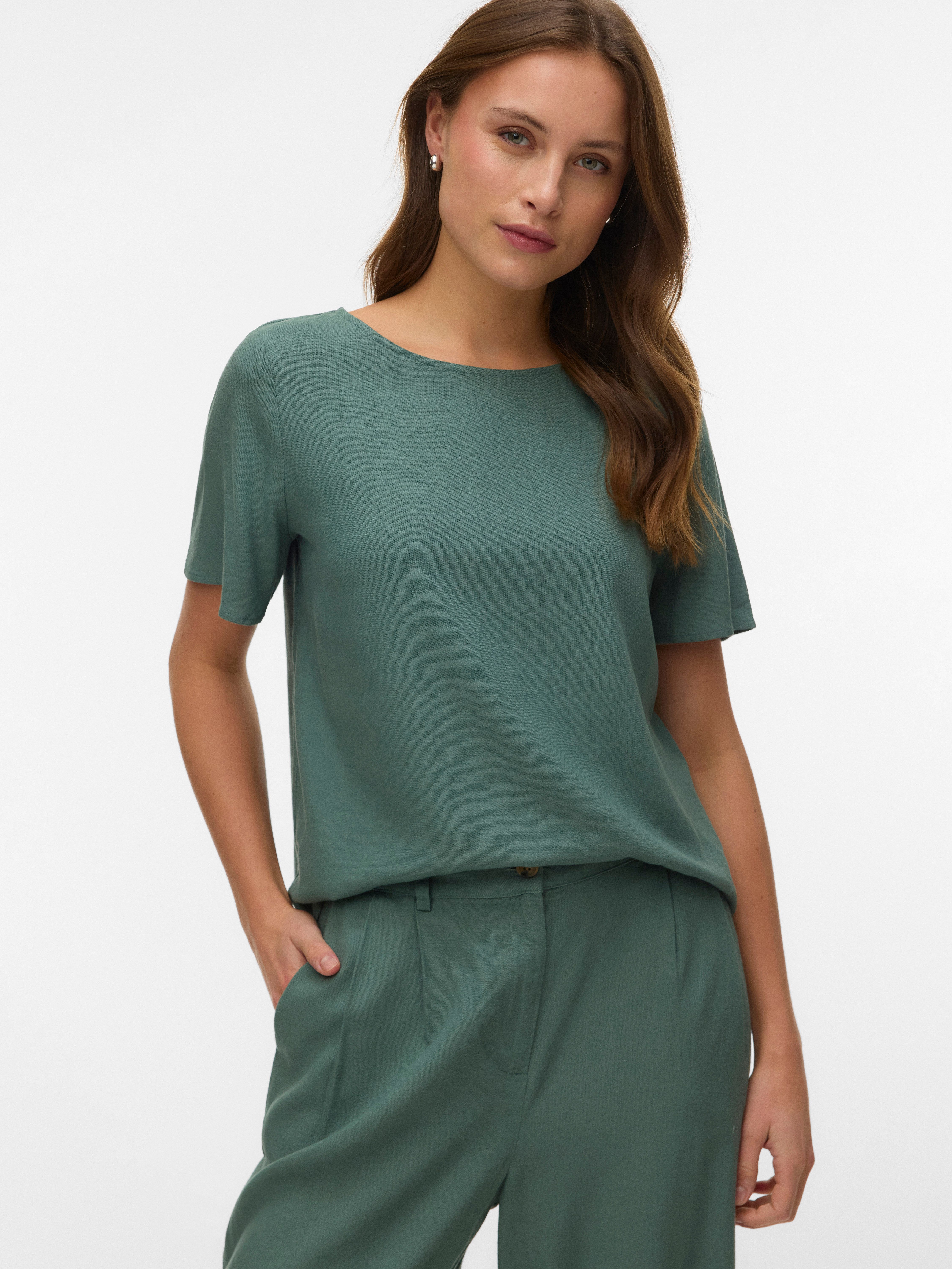Vero Moda Blusenshirt VMMYMILO SS O-NECK TOP WVN GA mit Leinen