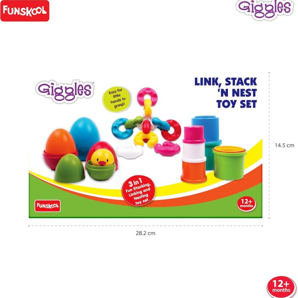 Funskool Stapelspielzeug Link Stack & Nest Spielset – 3-in-1 Stapel- & Steckbausteine, (Stapeln-, Verbinden- & Nistspielzeug-Set), Fördert Motorik, Kreativität & Koordination