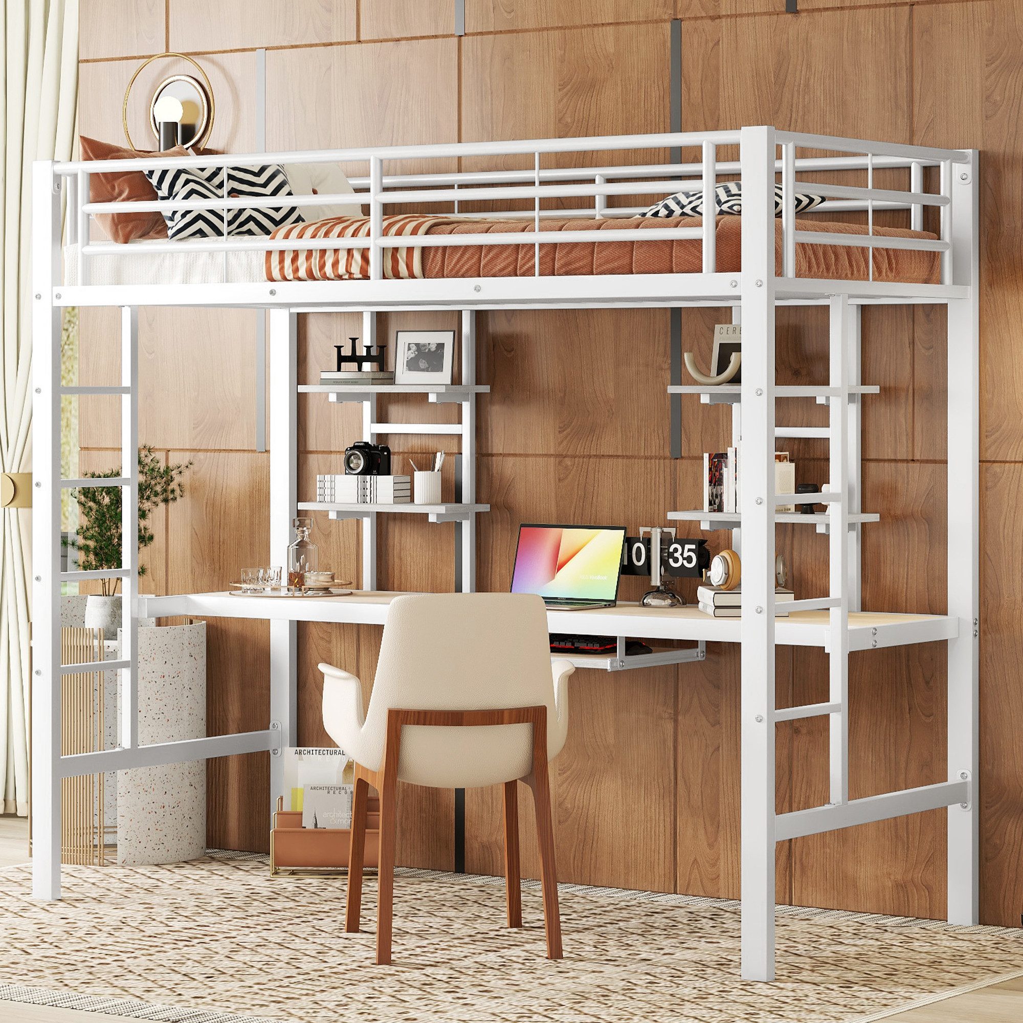 TavilaEcon Hochbett mit Schreibtisch und zwei Bücherregalen, 90×200/140×200 günstig online kaufen